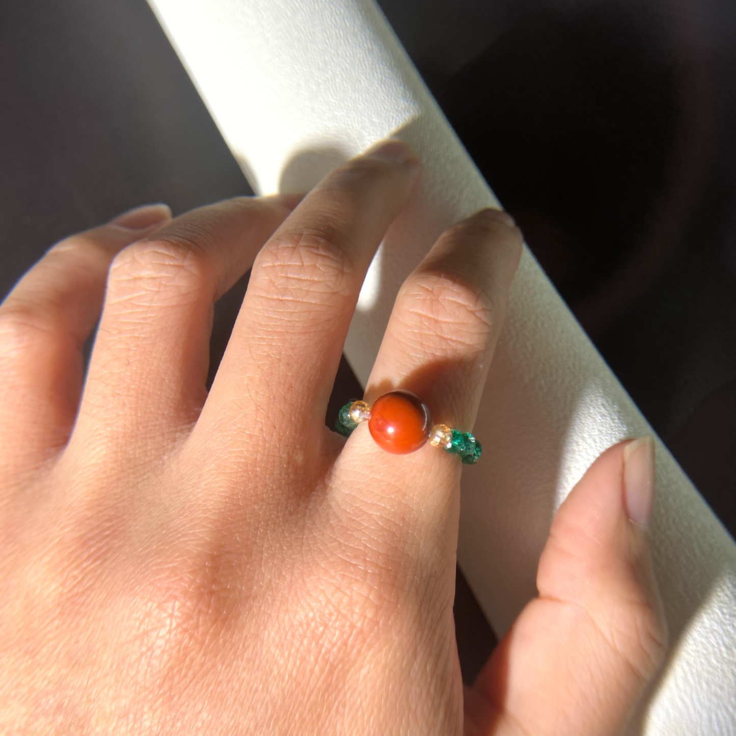Red Bead & Green Glaze Zha Ji Lhamo Temple Ring – Tibetan Blessed Amulet for Protection, Harmony & Spiritual Energy