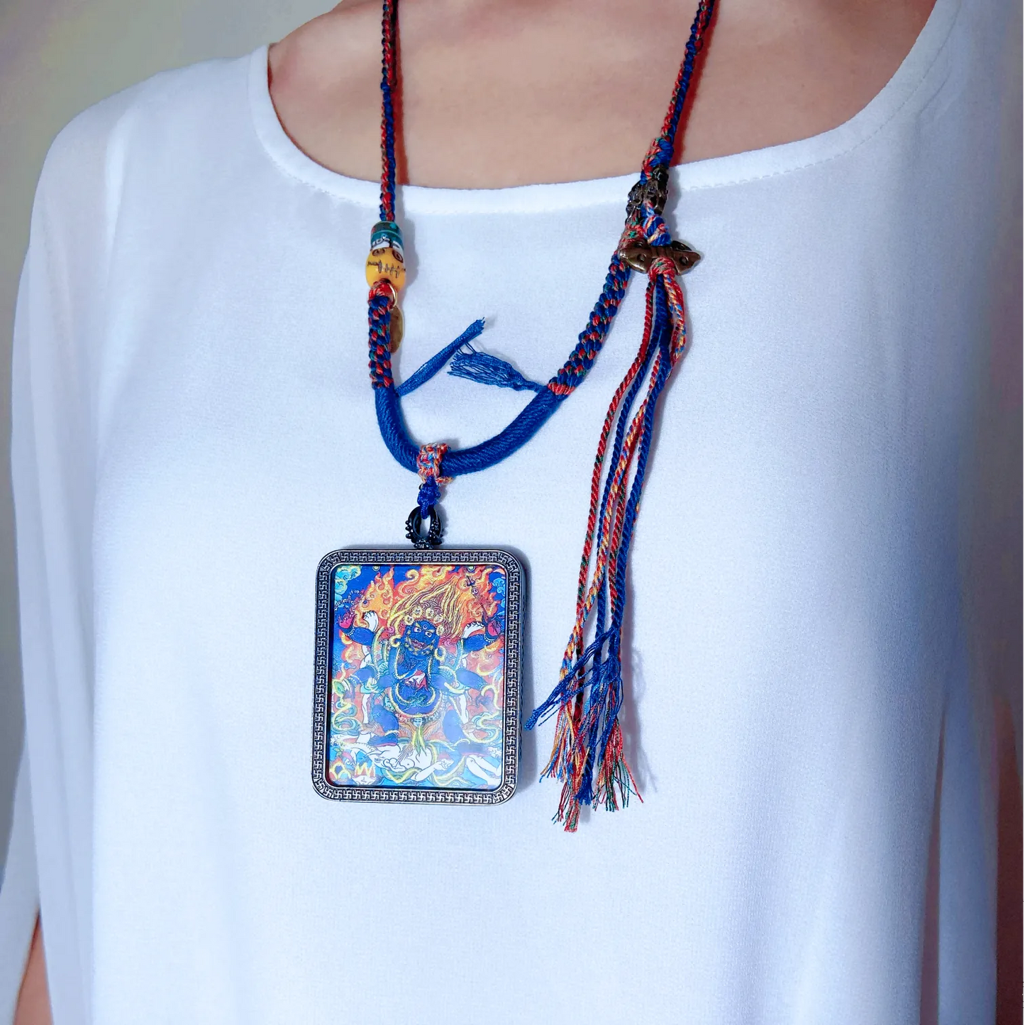 Black Jambhala Thangka Pendant – Tibetan Wealth King Amulet for Prosperity, Protection & Inner Wisdom