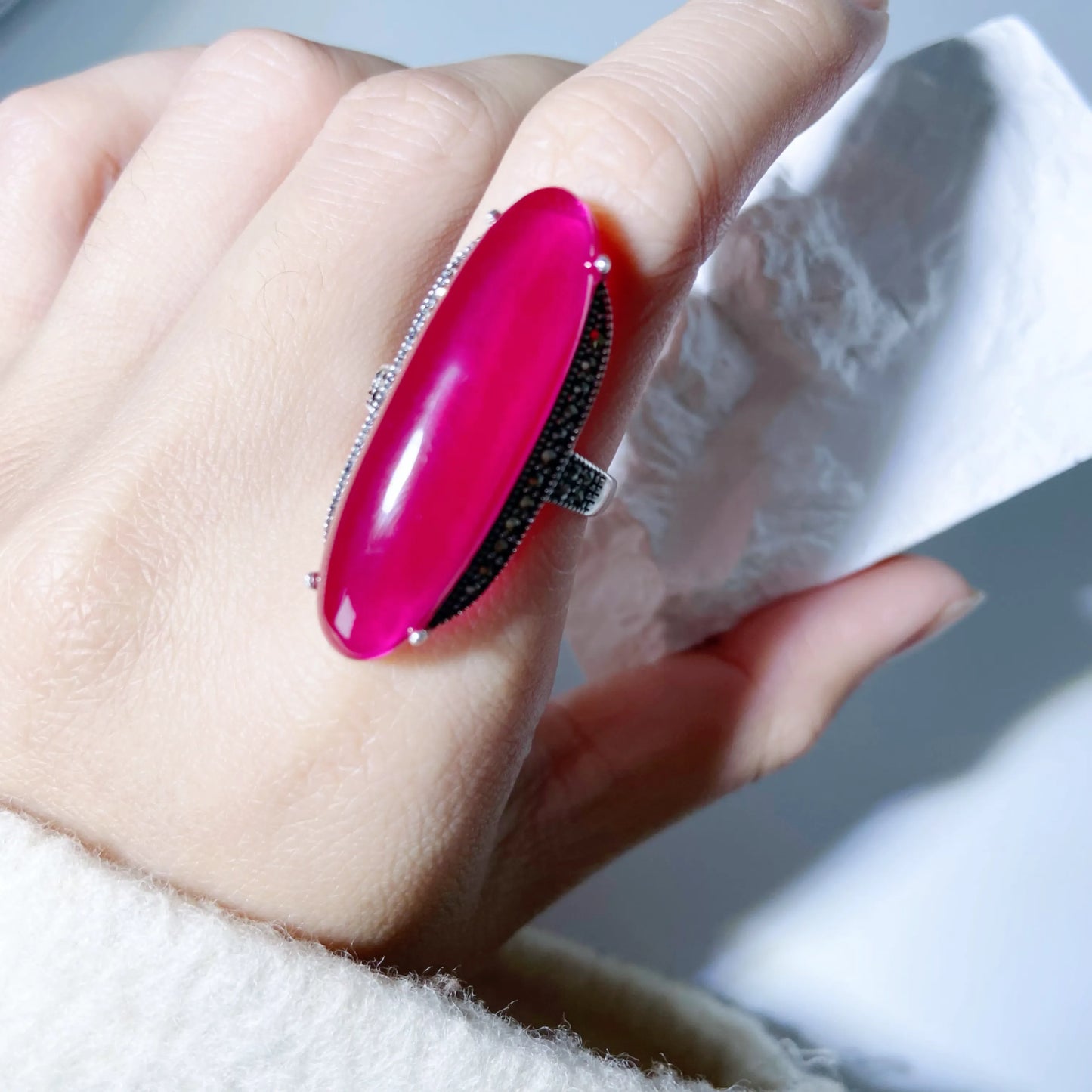 Mystic Ruby Flame – S925 Thai Silver Open Ring for Protection & Passion | Long Oval Red Gemstone Energy Jewelry