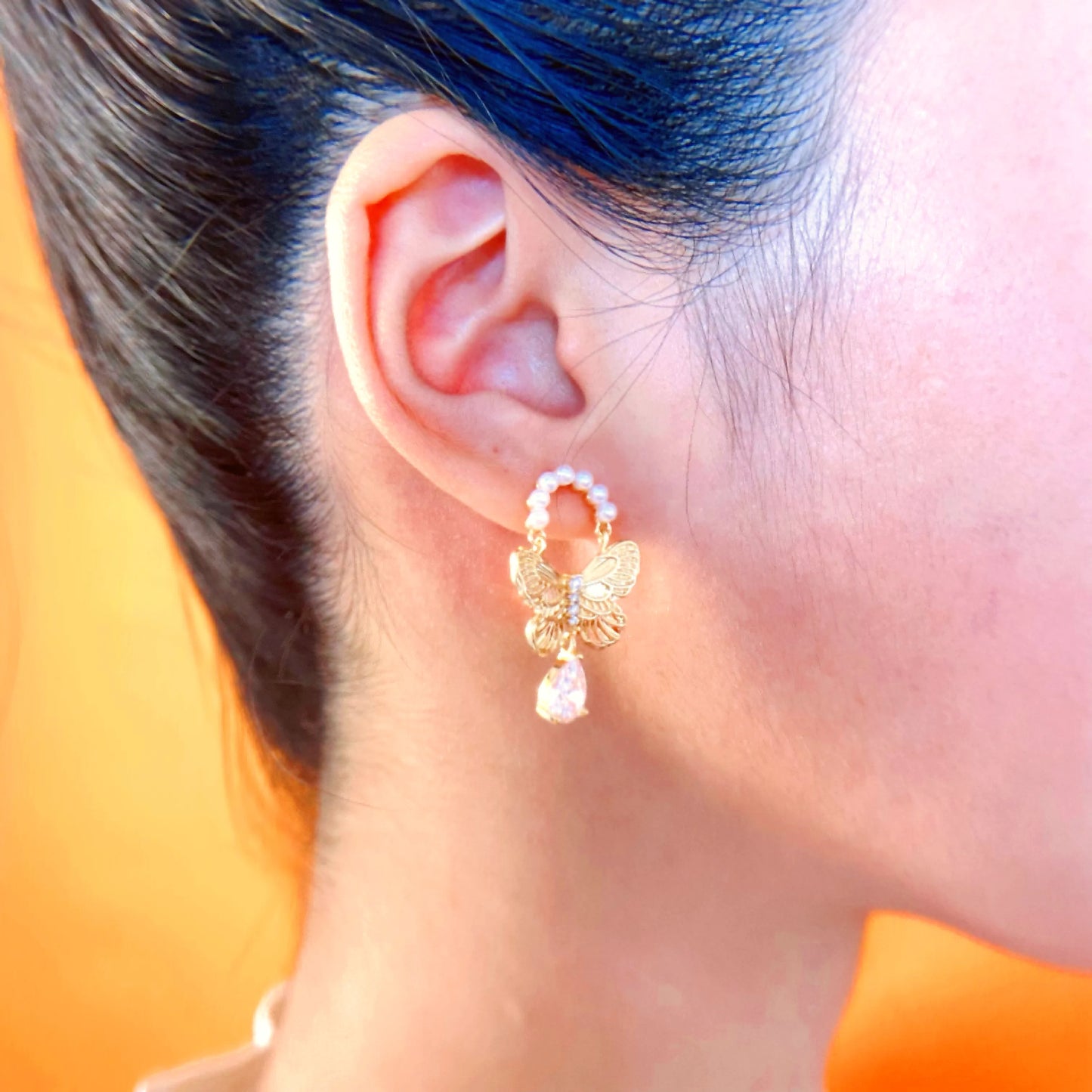 925 Silver Butterfly Earrings with Zircon & Pearl – Gold-Plated Spiritual Jewelry for Transformation, Protection & Luck