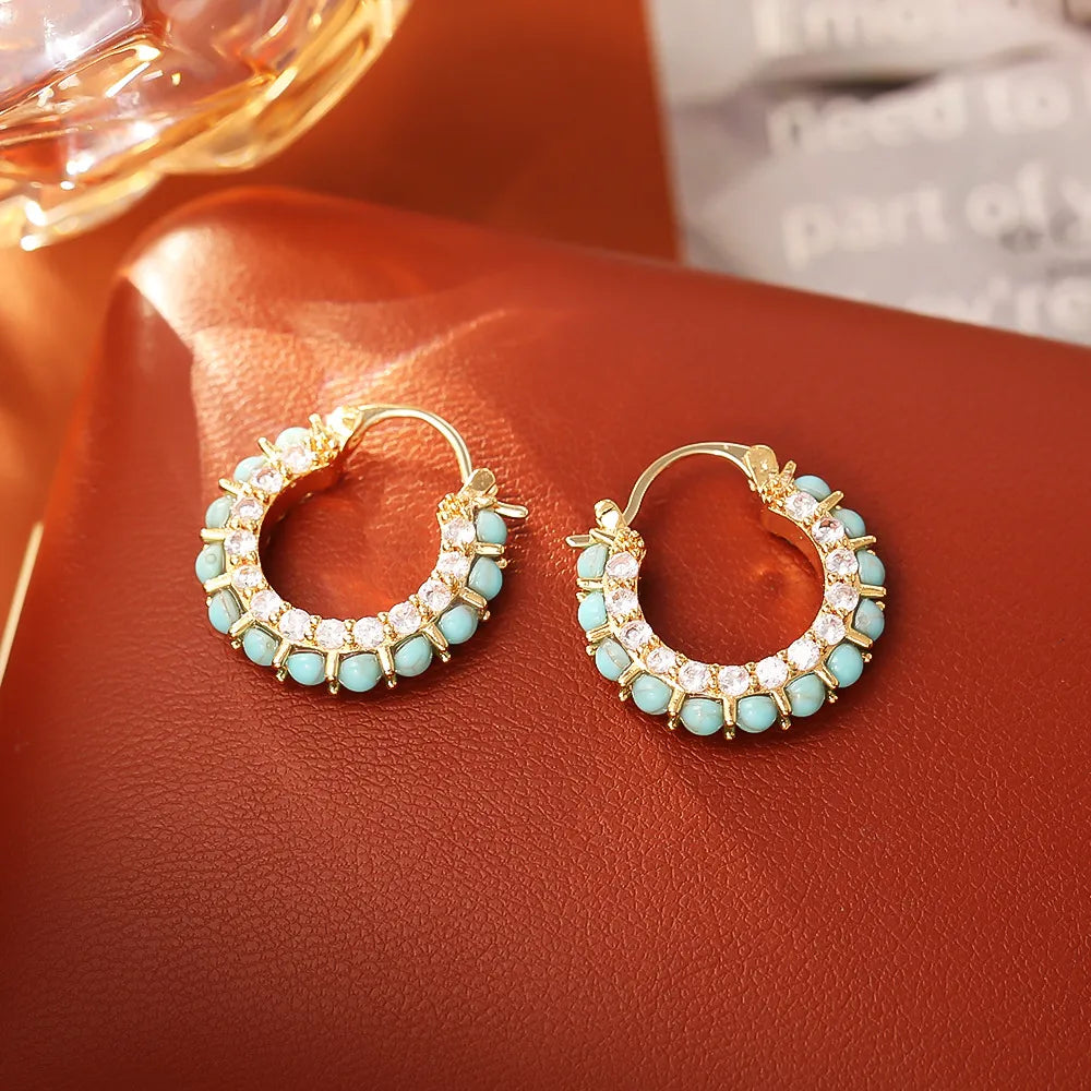 Golden Energy Hoops โ Turquoise & Zircon Earrings for Luck, Balance & Clarity