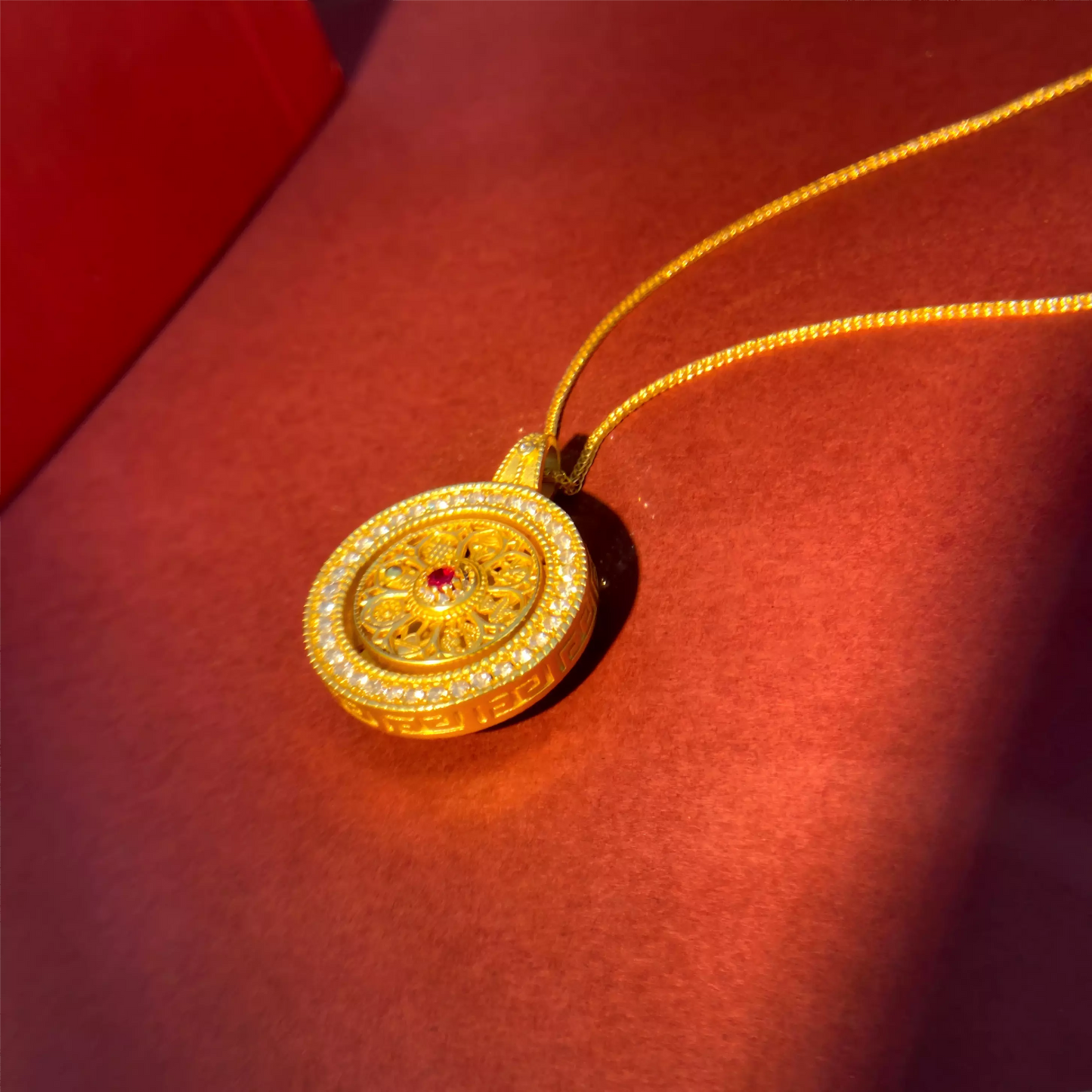 24K Gold Plated Eight Treasures Compass Amulet Necklace – Reversible Design with Natural Pink Chalcedony, Feng Shui Protection & Auspicious Energy Talisman