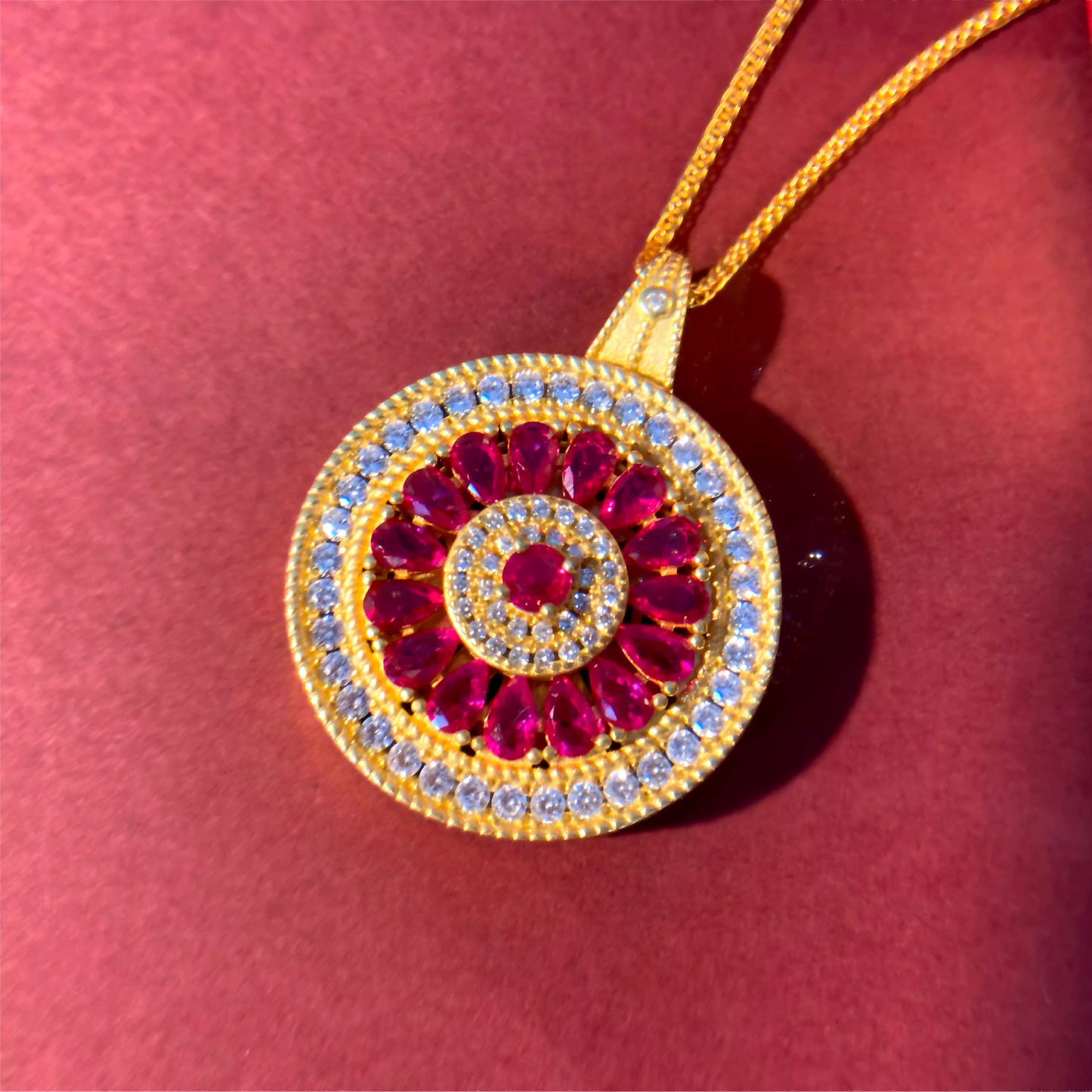 24K Gold Plated Eight Treasures Compass Amulet Necklace – Reversible Design with Natural Pink Chalcedony, Feng Shui Protection & Auspicious Energy Talisman