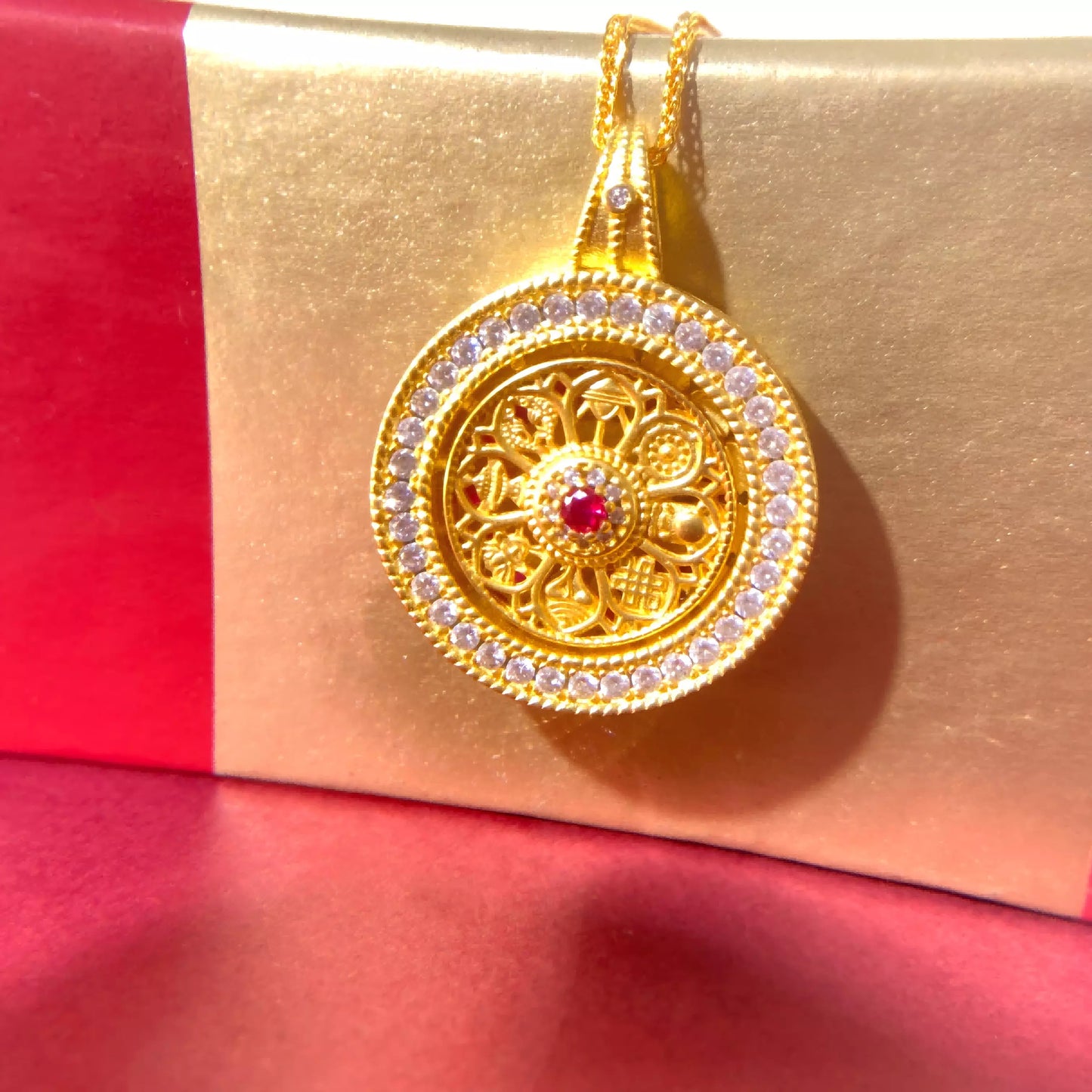24K Gold Plated Eight Treasures Compass Amulet Necklace – Reversible Design with Natural Pink Chalcedony, Feng Shui Protection & Auspicious Energy Talisman