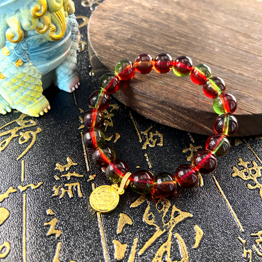 Dual Harmony of Yamdrok · Red & Green Topaz Bracelet – Healing Balance & Sacred Energy