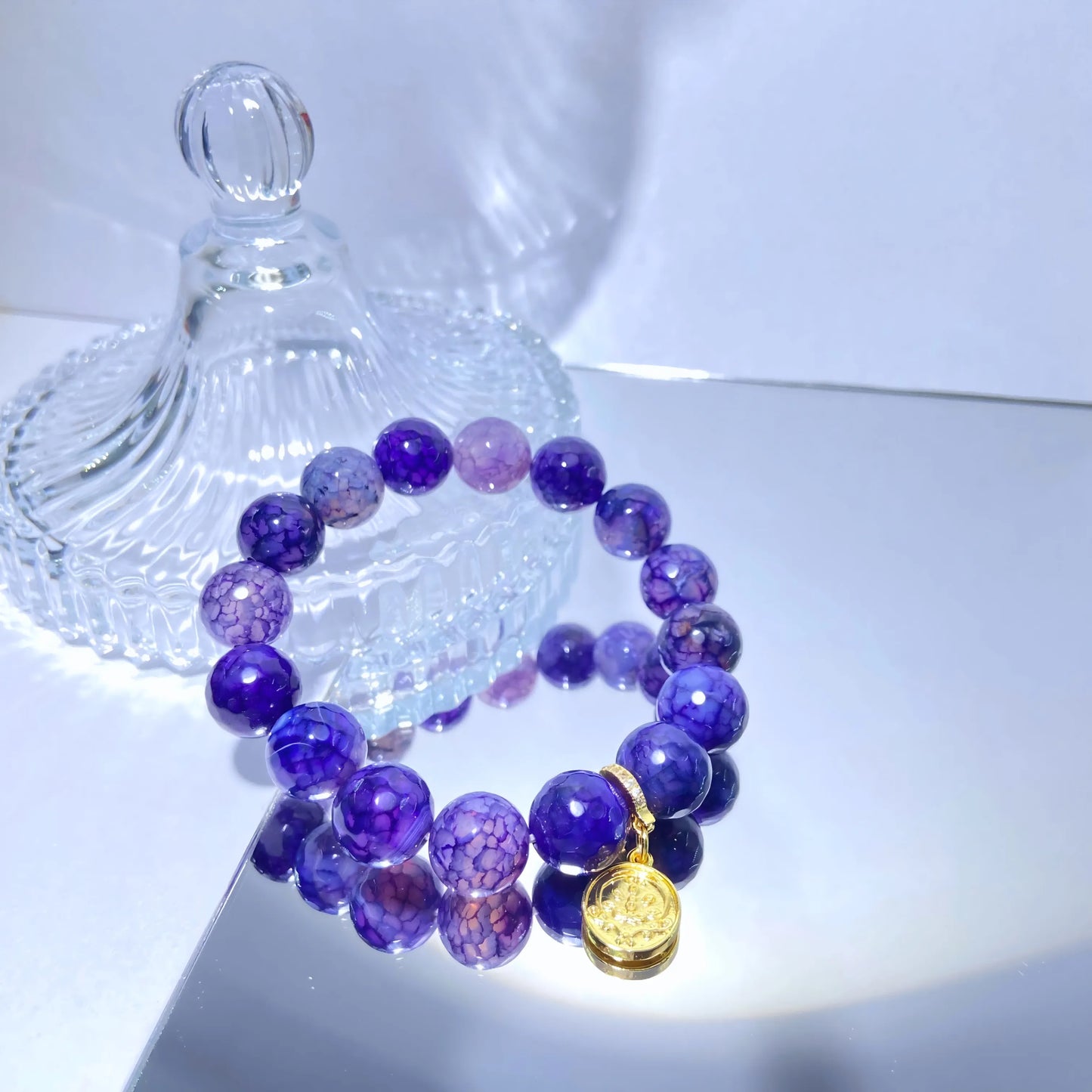 Translucent Purple Dragon Scale Agate Bracelet – Tibetan Spiritual Energy Beads for Protection, Intuition & Healing Balance