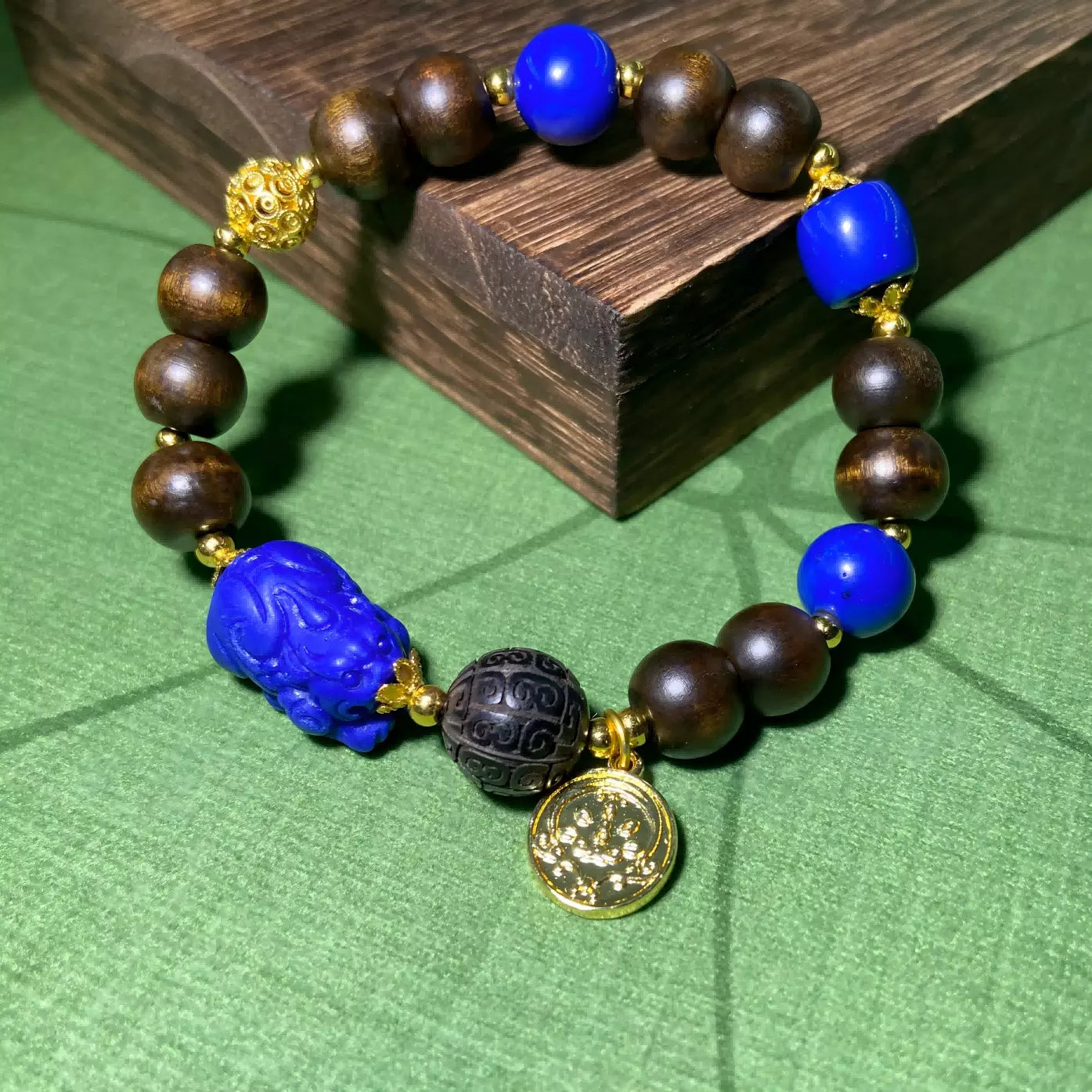 Hand-carved Lapis Lazuli Pixiu Wood Bracelet - Healing Energy, Spiritual Protection & Good Fortune Talisman