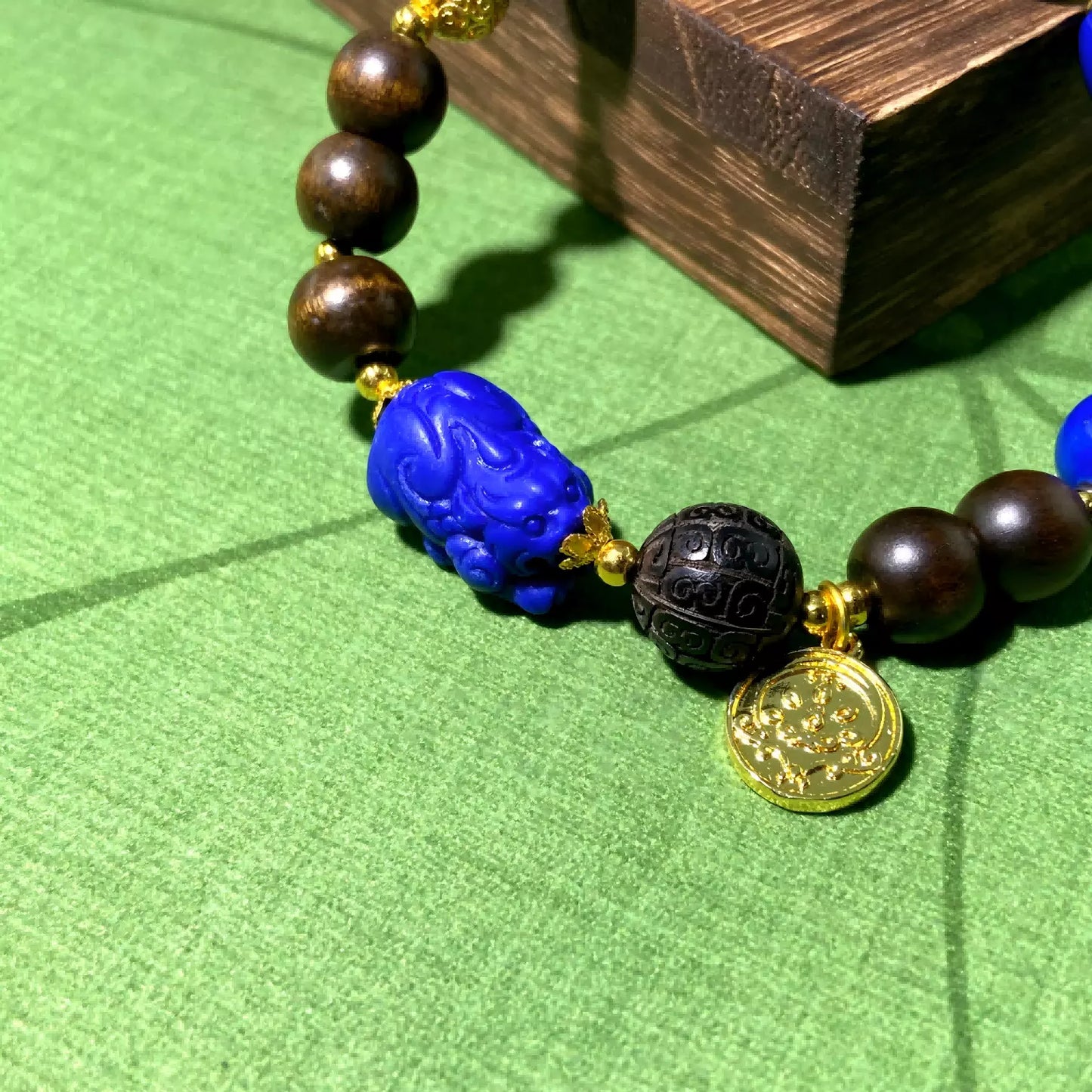 Hand-carved Lapis Lazuli Pixiu Wood Bracelet - Healing Energy, Spiritual Protection & Good Fortune Talisman