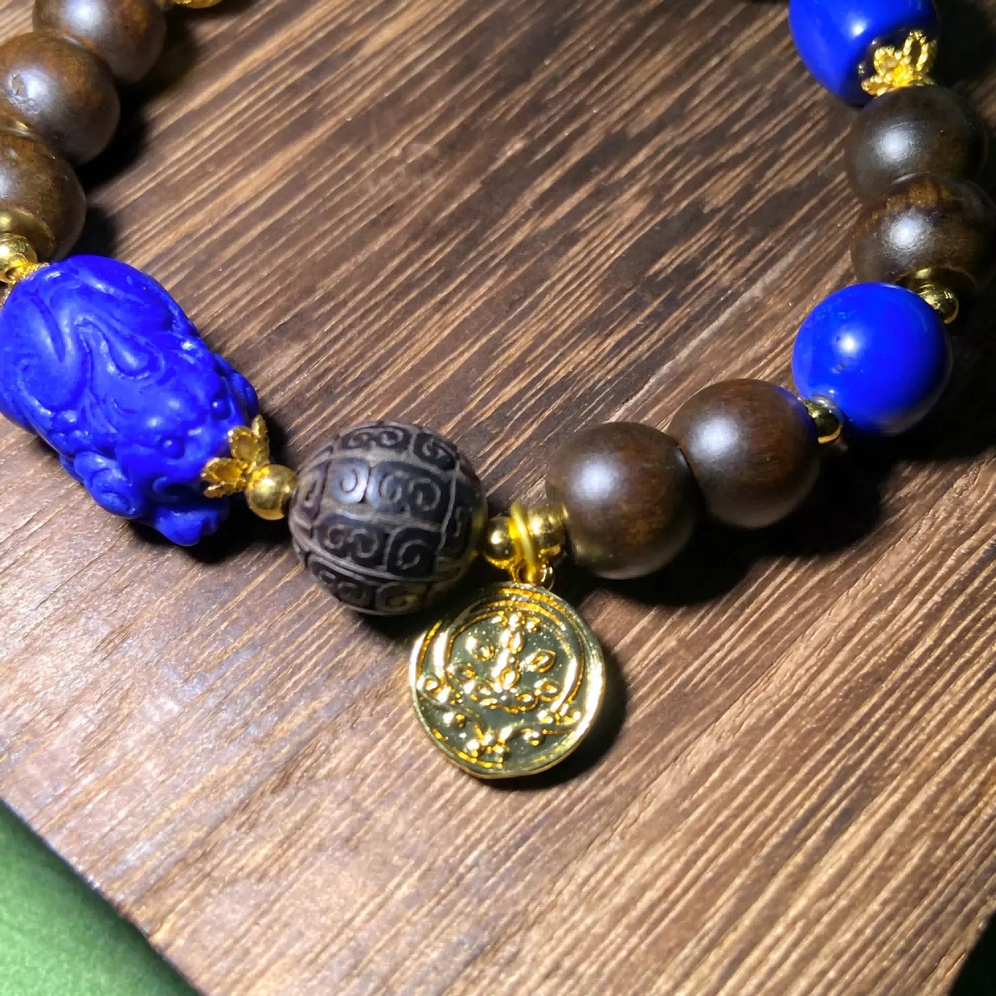Hand-carved Lapis Lazuli Pixiu Wood Bracelet - Healing Energy, Spiritual Protection & Good Fortune Talisman
