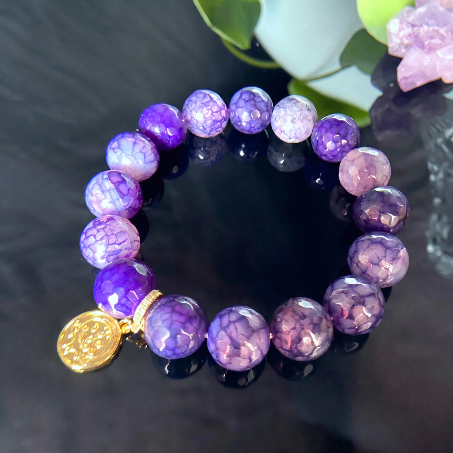 Translucent Purple Dragon Scale Agate Bracelet – Tibetan Spiritual Energy Beads for Protection, Intuition & Healing Balance