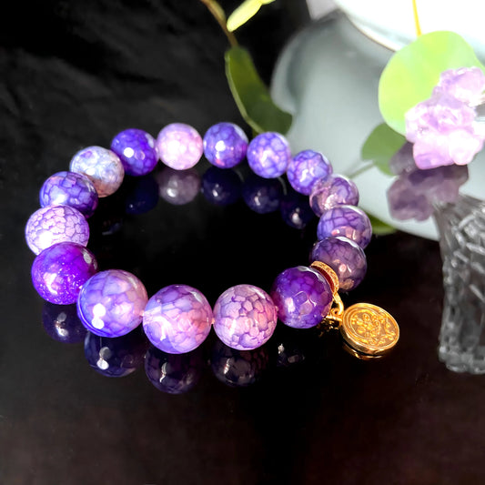 Translucent Purple Dragon Scale Agate Bracelet – Tibetan Spiritual Energy Beads for Protection, Intuition & Healing Balance