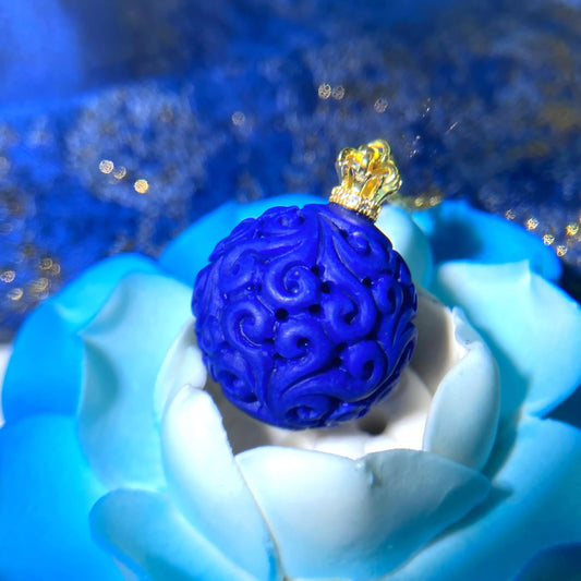 Imperial Lapis Lazuli Blessing Bead Pendant – Hand-Carved Auspicious Ruyi Design with Golden Crown for Luck, Protection & Spiritual Wisdom