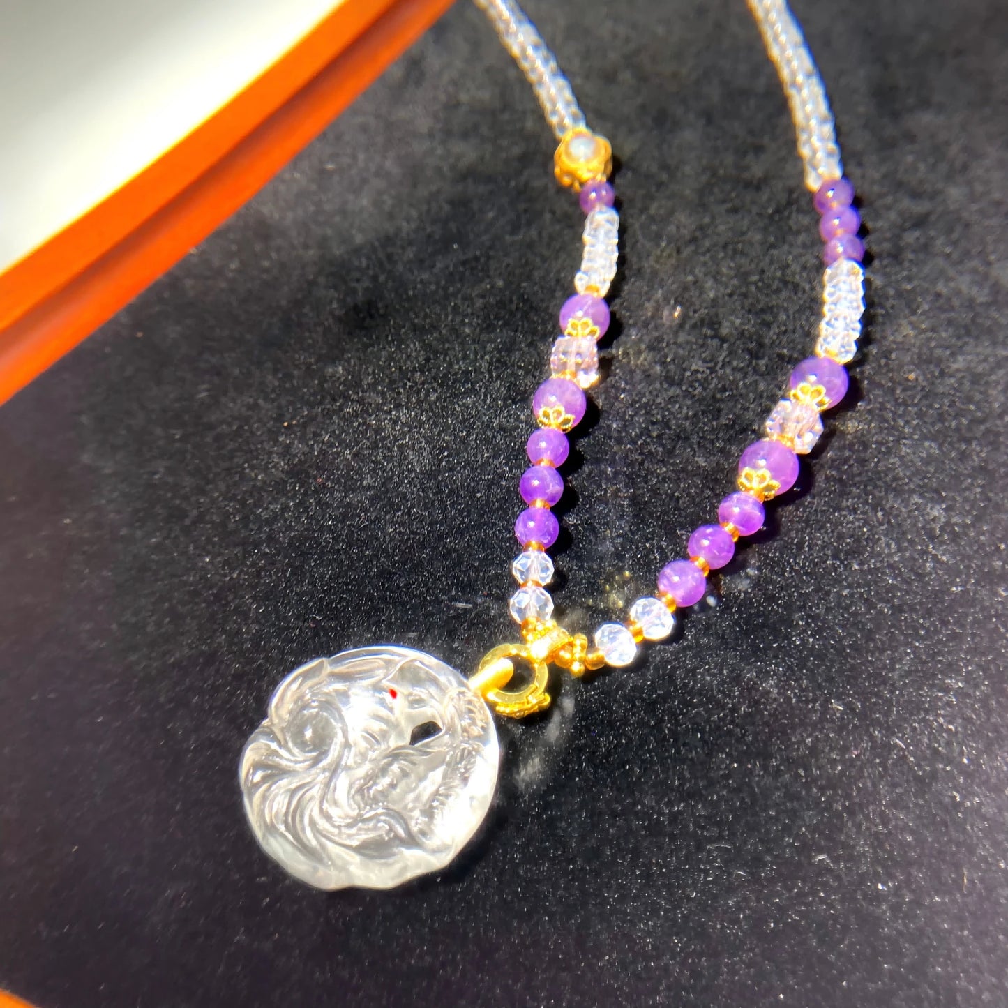 Hand Carved Nine-Tailed Fox White Crystal Amulet Pendant - Crystal Healing, Love Attraction and Spiritual Protection Jewelry"