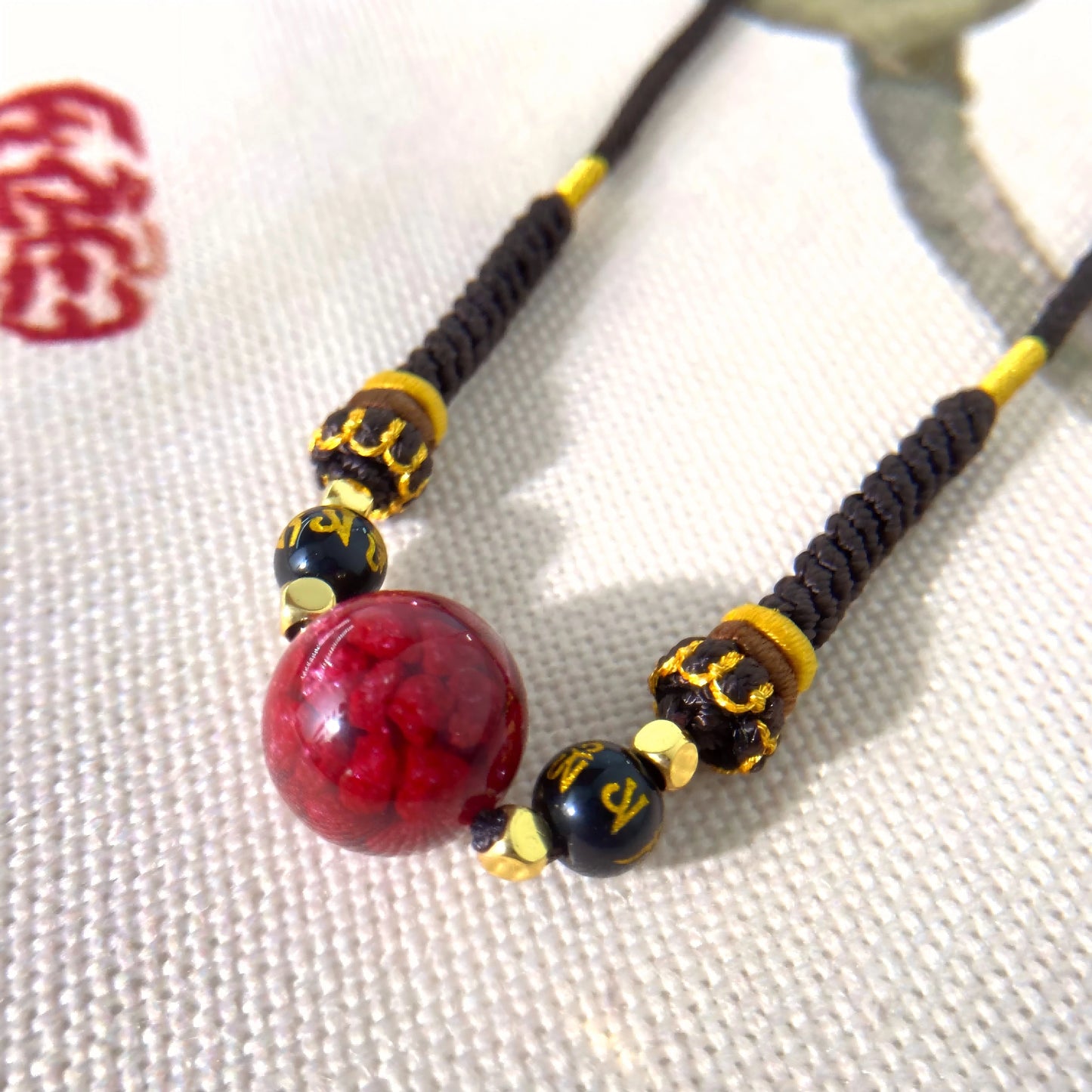 Cinnabar Ruyi Mantra Bracelet – Handwoven Lotus Cord with Six True Words for Protection, Luck & Spiritual Purification