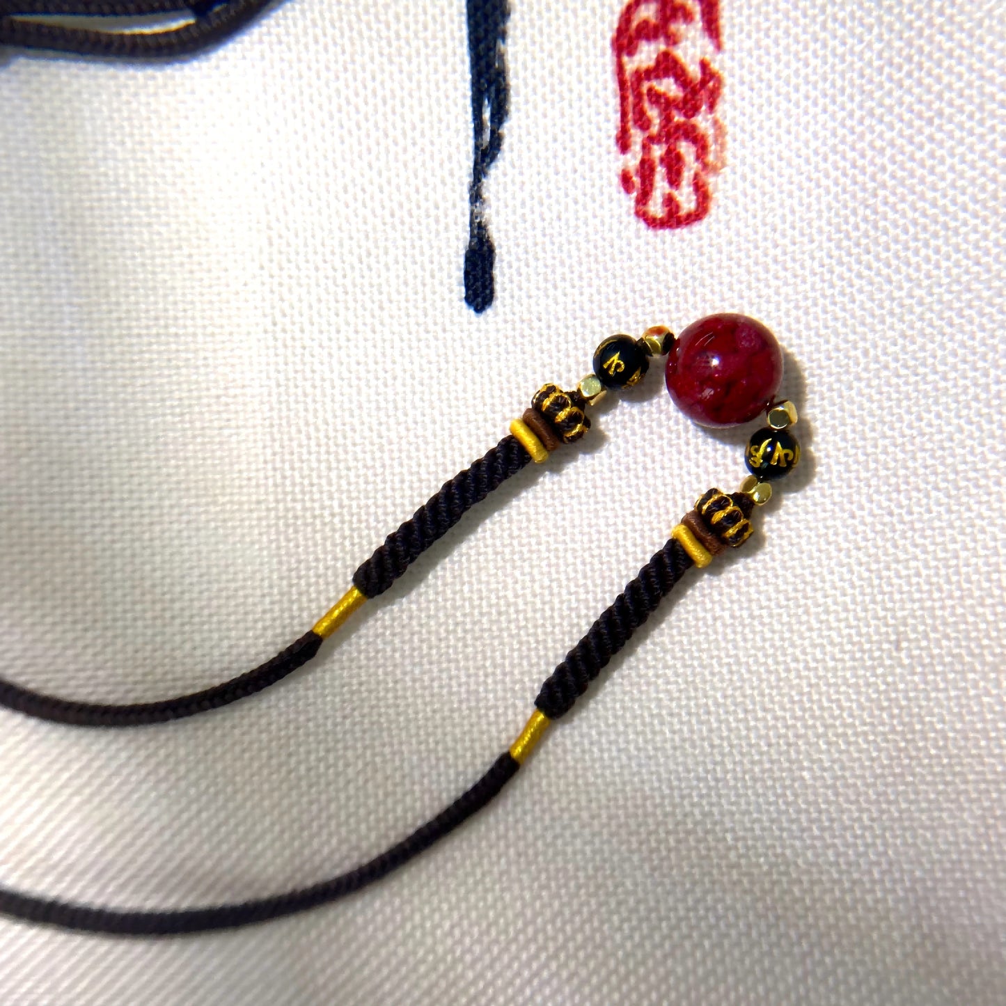 Cinnabar Ruyi Mantra Bracelet – Handwoven Lotus Cord with Six True Words for Protection, Luck & Spiritual Purification