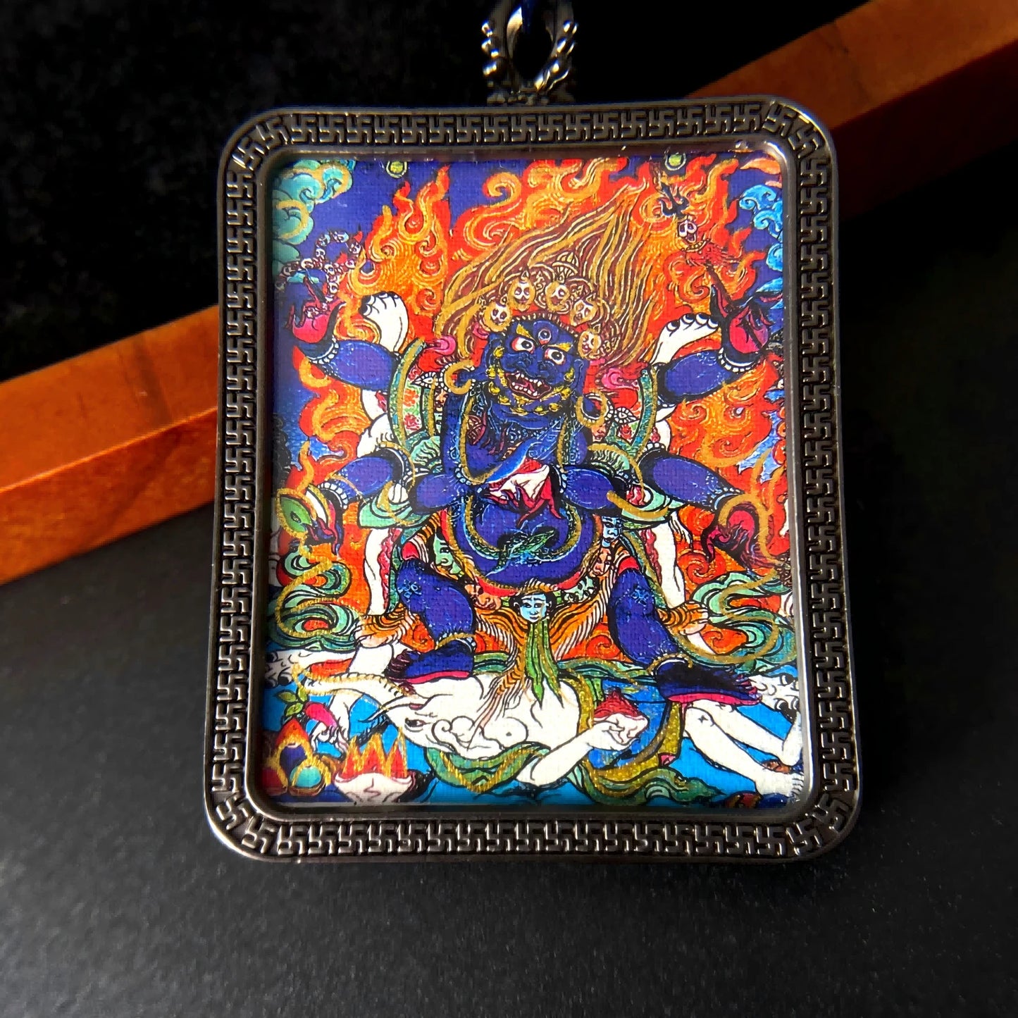 Black Jambhala Thangka Pendant – Tibetan Wealth King Amulet for Prosperity, Protection & Inner Wisdom
