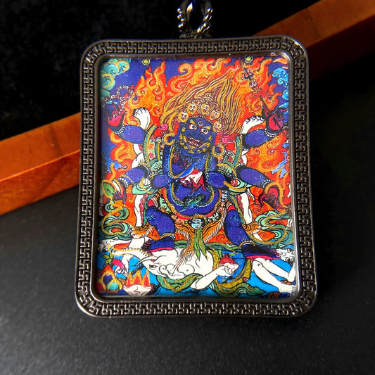 Black Jambhala Thangka Pendant – Tibetan Wealth King Amulet for Prosperity, Protection & Inner Wisdom