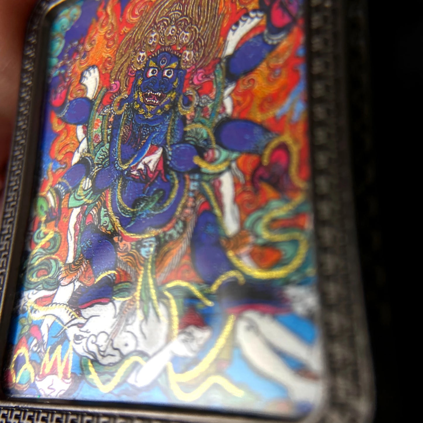 Black Jambhala Thangka Pendant – Tibetan Wealth King Amulet for Prosperity, Protection & Inner Wisdom
