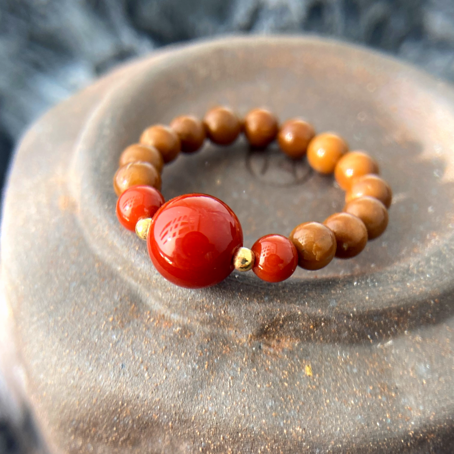 Red Agate & Kukui Bodhi Bead Ring – Energy Protection Spiritual Healing Jewelry for Strength & Vitality