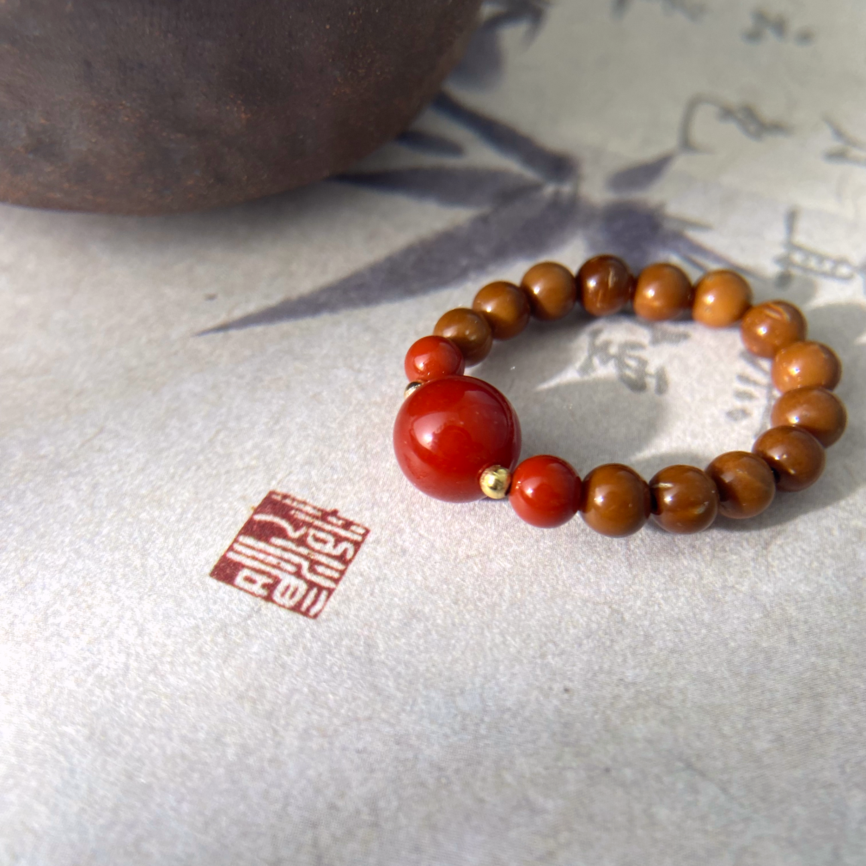 Red Agate & Kukui Bodhi Bead Ring – Energy Protection Spiritual Healing Jewelry for Strength & Vitality