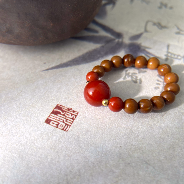 Red Agate & Kukui Bodhi Bead Ring – Energy Protection Spiritual Healing Jewelry for Strength & Vitality
