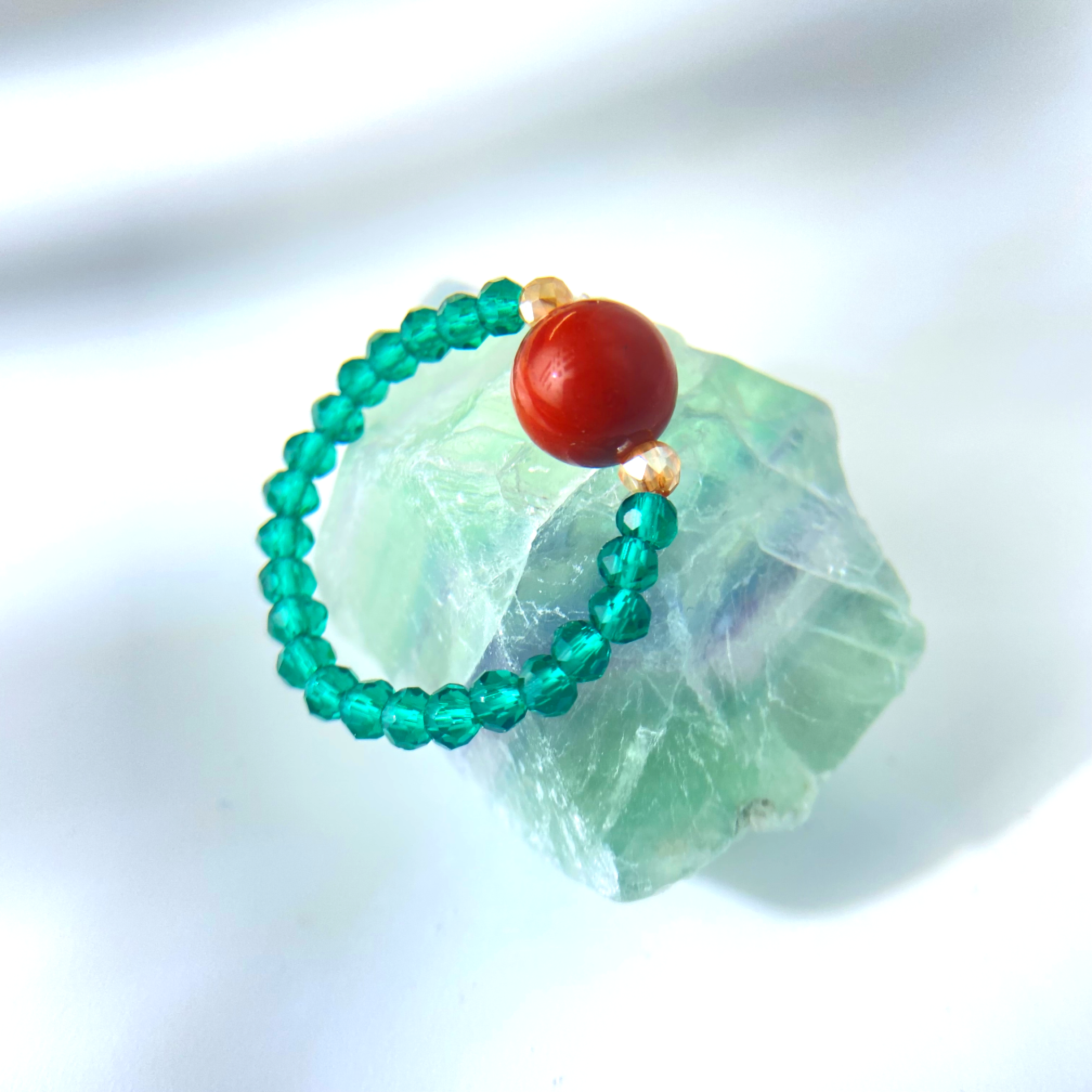 Red Bead & Green Glaze Zha Ji Lhamo Temple Ring – Tibetan Blessed Amulet for Protection, Harmony & Spiritual Energy