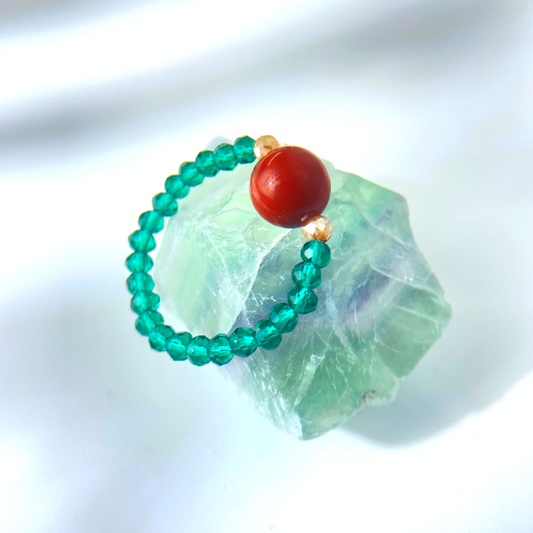 Red Bead & Green Glaze Zha Ji Lhamo Temple Ring – Tibetan Blessed Amulet for Protection, Harmony & Spiritual Energy