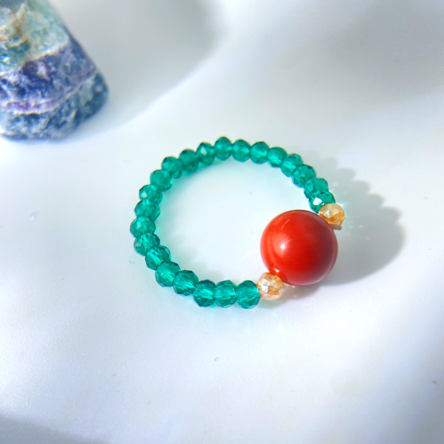 Red Bead & Green Glaze Zha Ji Lhamo Temple Ring – Tibetan Blessed Amulet for Protection, Harmony & Spiritual Energy