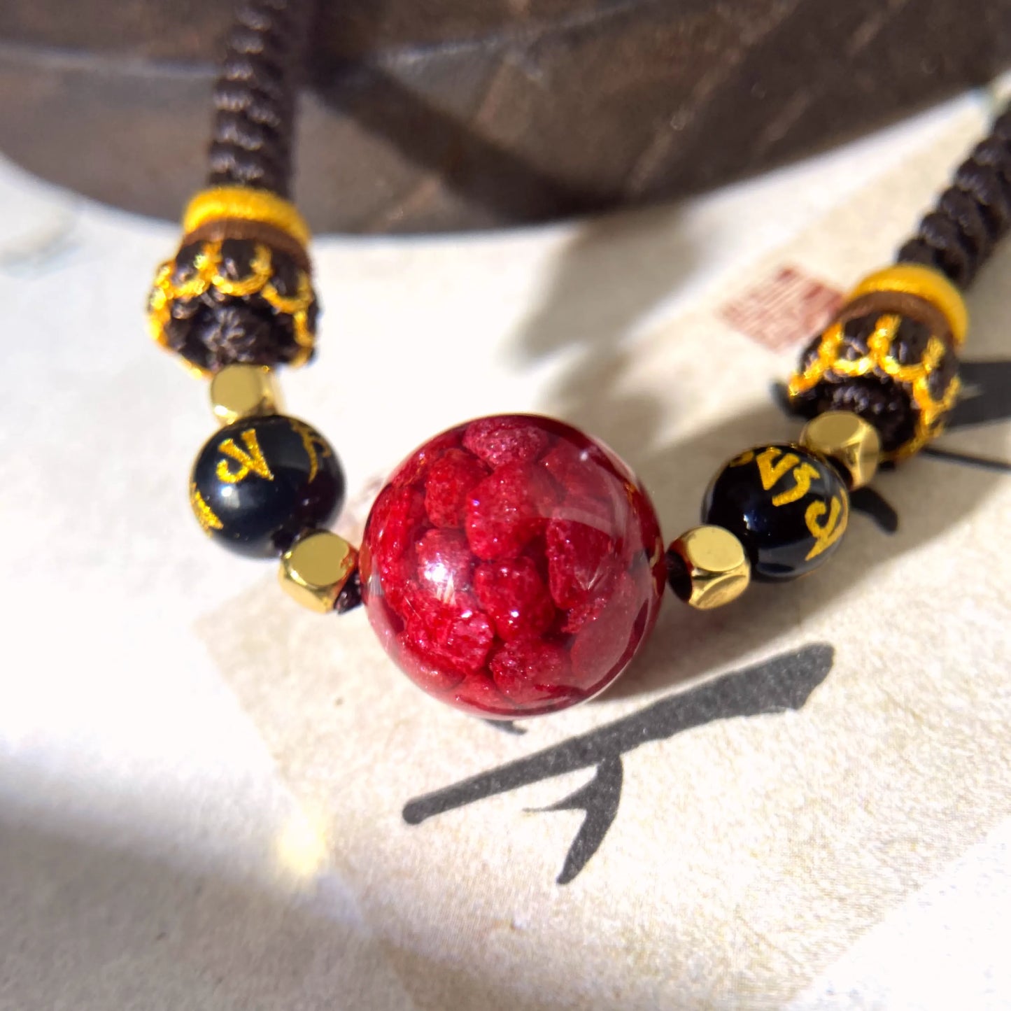 Cinnabar Ruyi Mantra Bracelet – Handwoven Lotus Cord with Six True Words for Protection, Luck & Spiritual Purification