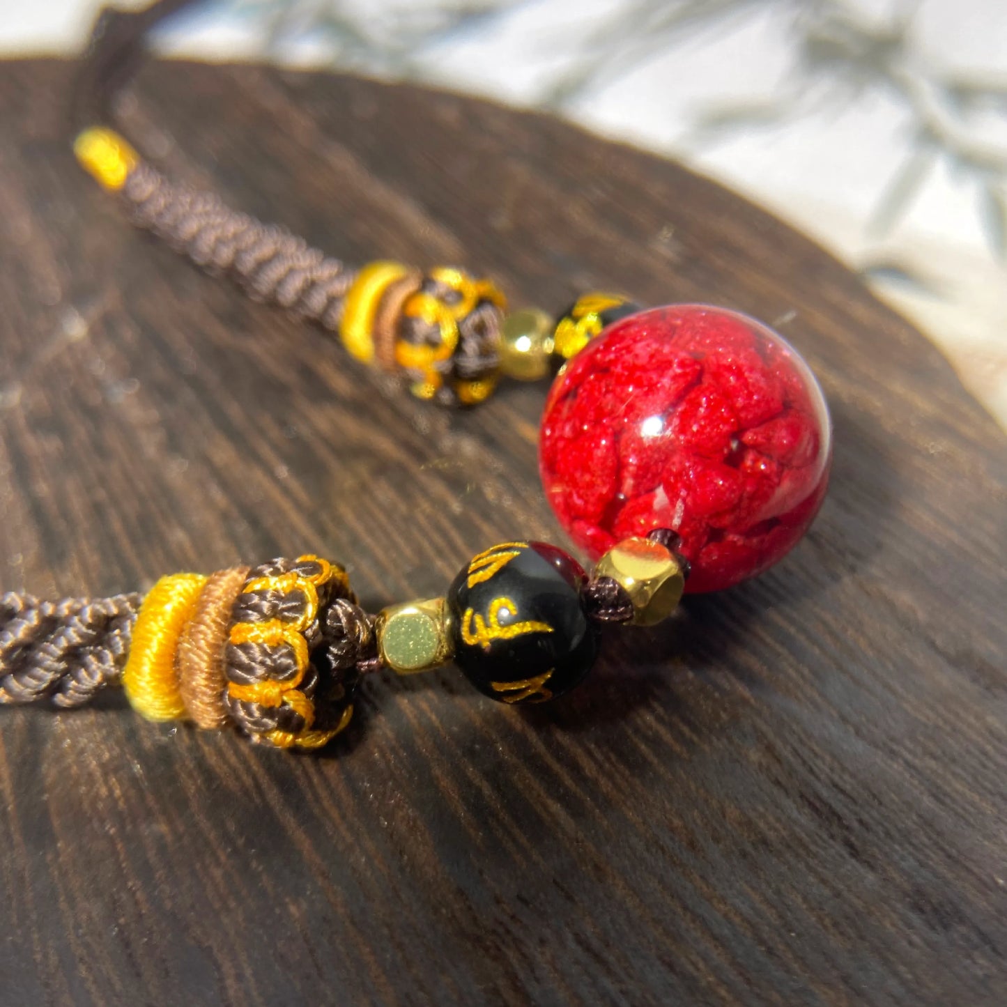 Cinnabar Ruyi Mantra Bracelet – Handwoven Lotus Cord with Six True Words for Protection, Luck & Spiritual Purification