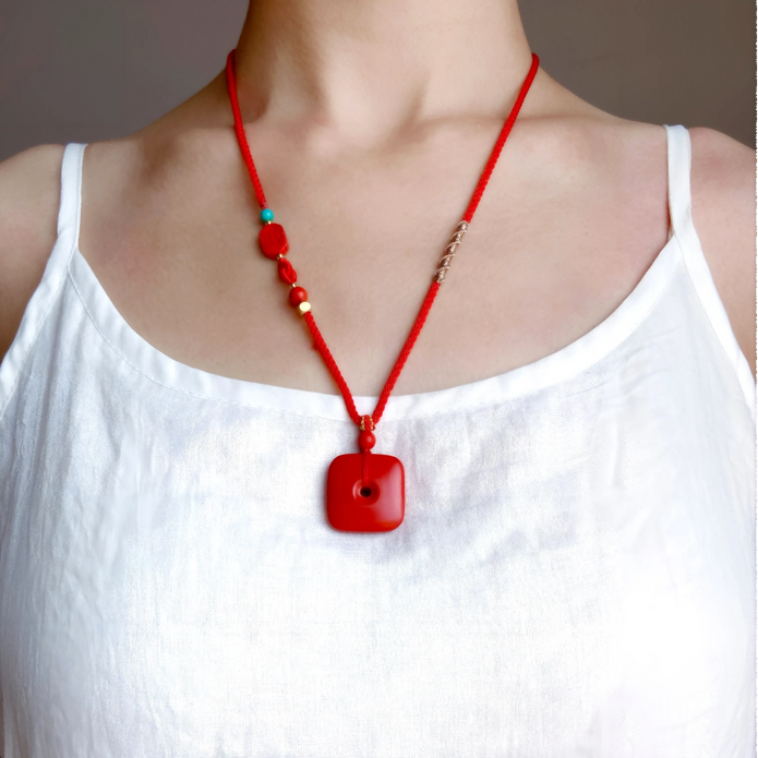 Red Cinnabar Pendant Necklace - Protection