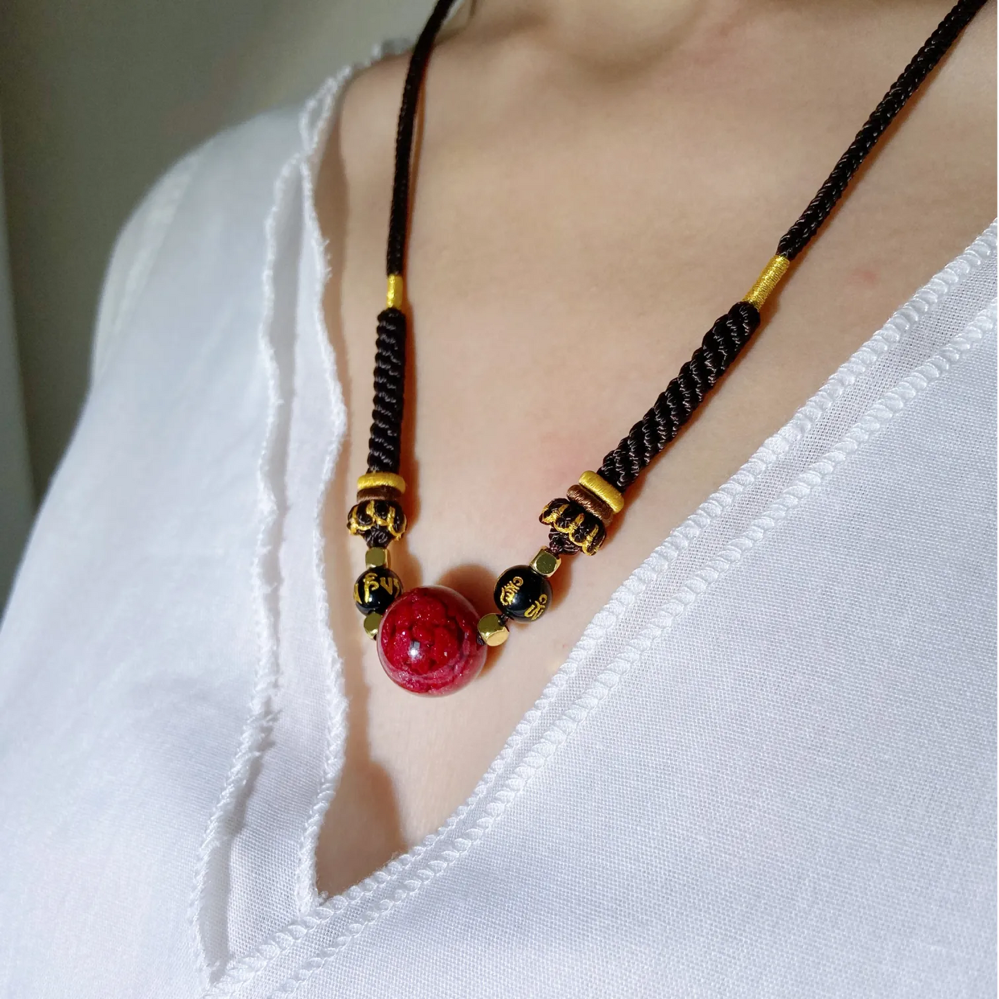 Cinnabar Ruyi Mantra Bracelet – Handwoven Lotus Cord with Six True Words for Protection, Luck & Spiritual Purification