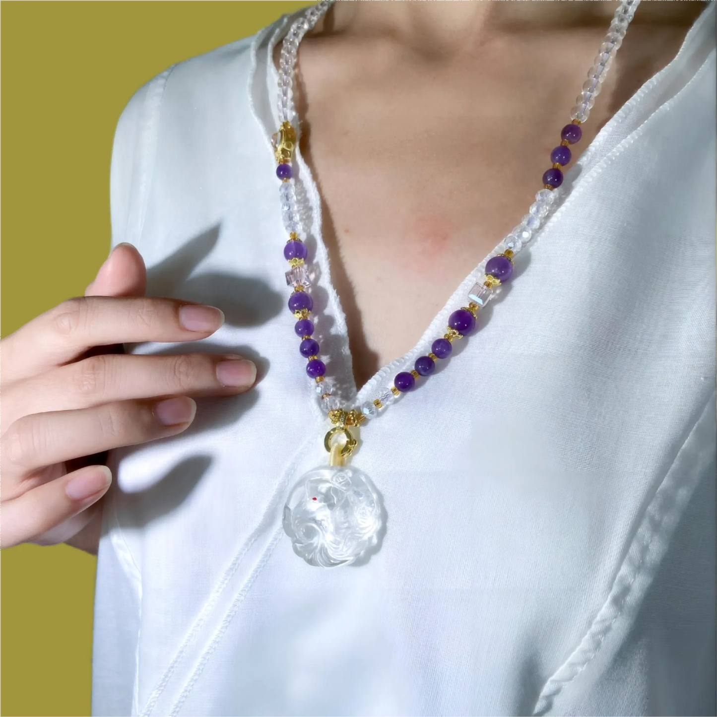 Hand Carved Nine-Tailed Fox White Crystal Amulet Pendant - Crystal Healing, Love Attraction and Spiritual Protection Jewelry"