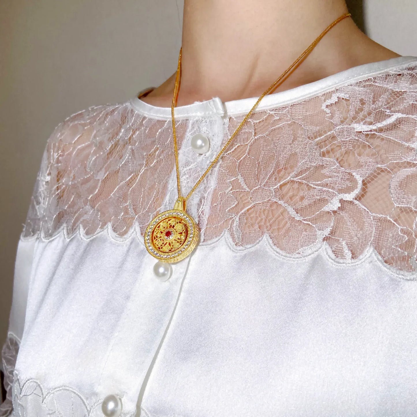 24K Gold Plated Eight Treasures Compass Amulet Necklace – Reversible Design with Natural Pink Chalcedony, Feng Shui Protection & Auspicious Energy Talisman