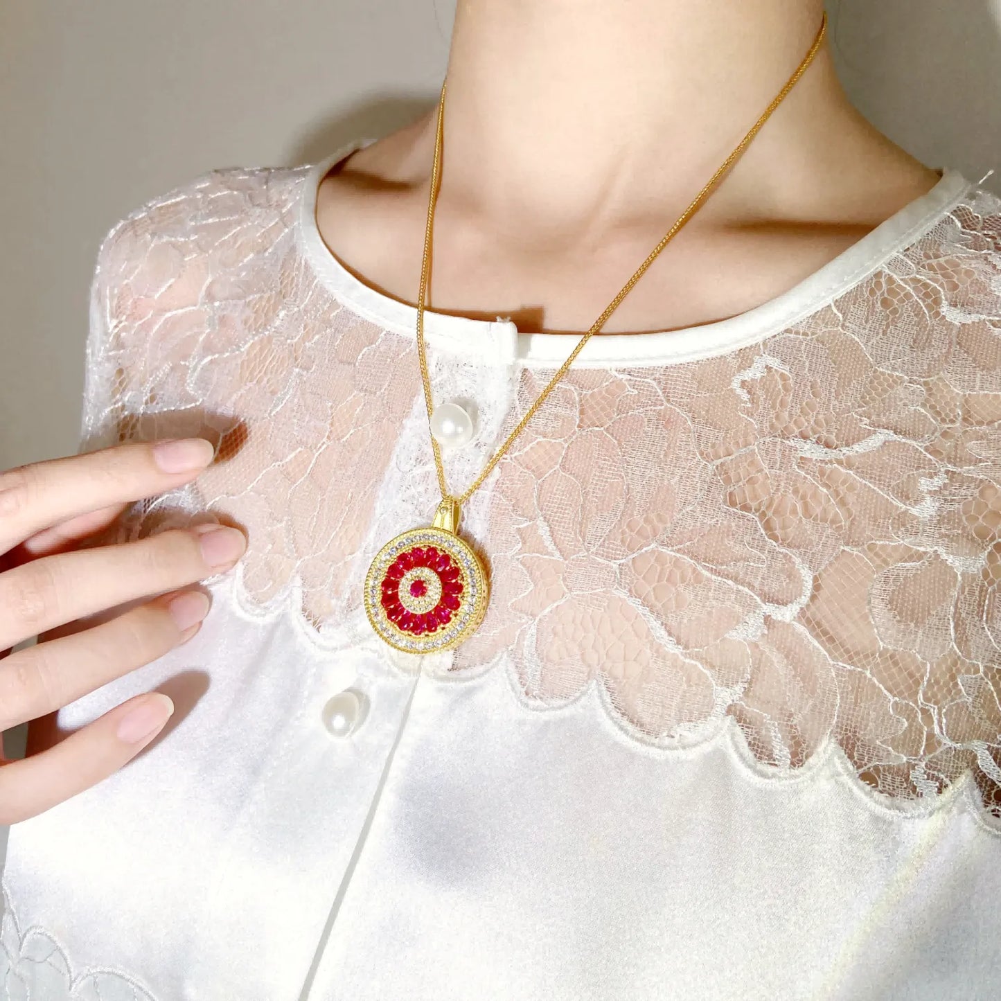 24K Gold Plated Eight Treasures Compass Amulet Necklace – Reversible Design with Natural Pink Chalcedony, Feng Shui Protection & Auspicious Energy Talisman