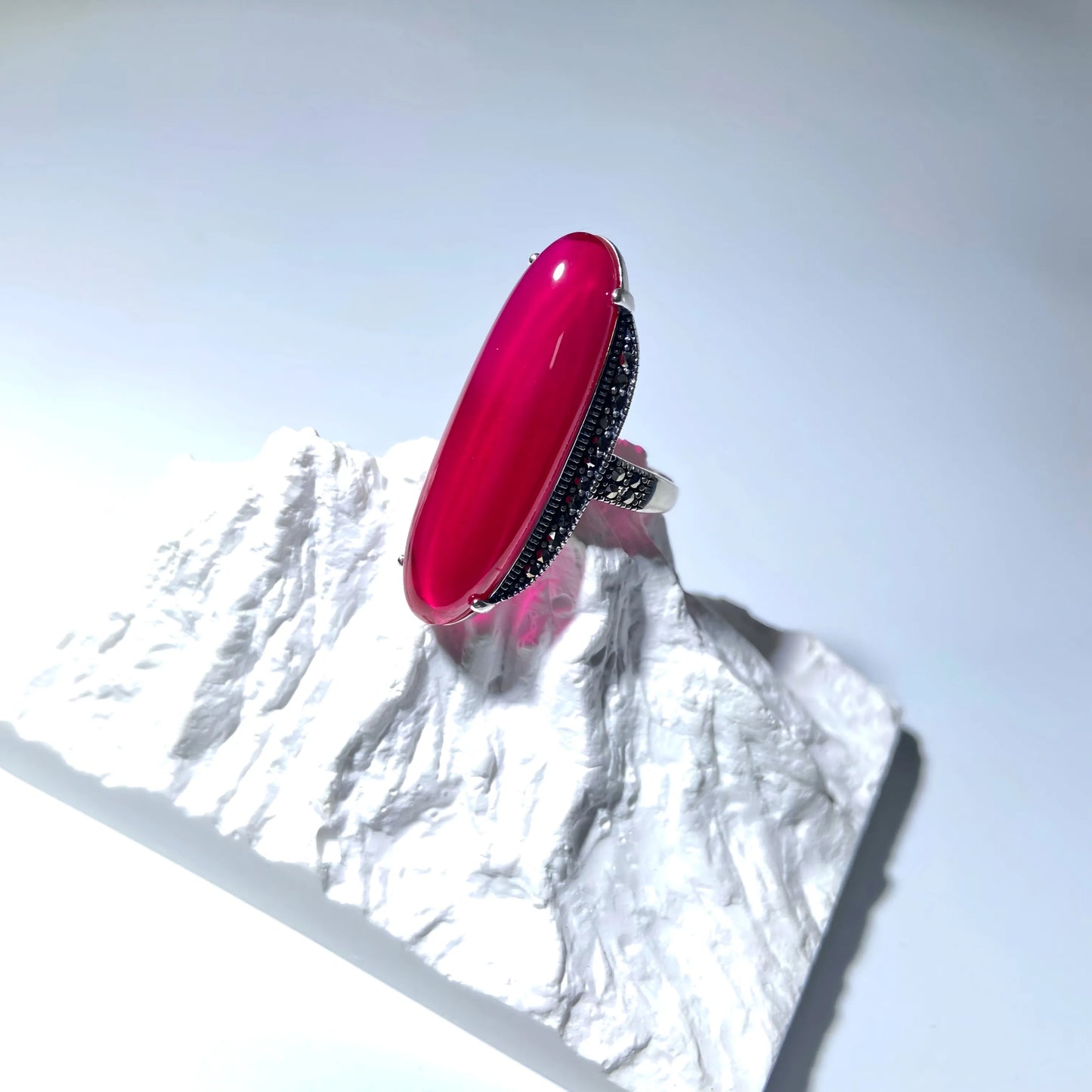 Mystic Ruby Flame – S925 Thai Silver Open Ring for Protection & Passion | Long Oval Red Gemstone Energy Jewelry