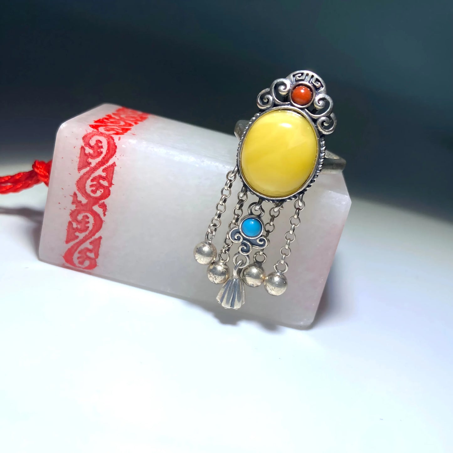 Amber Tassel Ring – S925 Silver Tibetan Vintage Healing Jewelry for Prosperity, Balance & Spiritual Energy