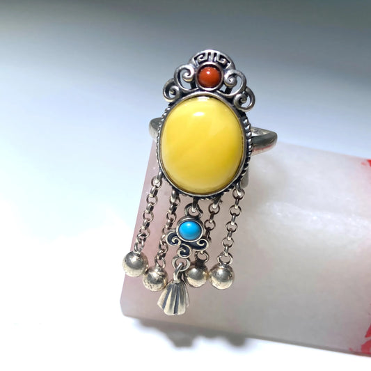 Amber Tassel Ring – S925 Silver Tibetan Vintage Healing Jewelry for Prosperity, Balance & Spiritual Energy