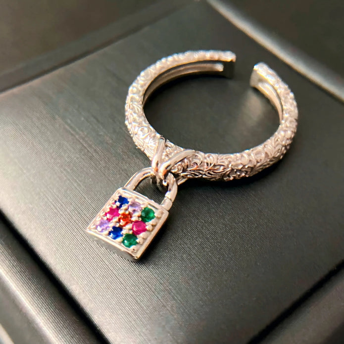 S925 Silver Energy Lock Ring – Handcrafted Tibetan Filigree Padlock Amulet for Protection, Prosperity & Spiritual Bonding