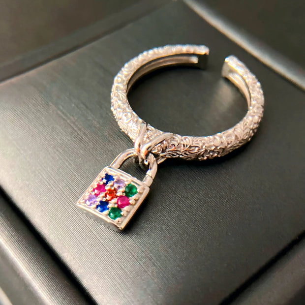 S925 Silver Energy Lock Ring – Handcrafted Tibetan Filigree Padlock Amulet for Protection, Prosperity & Spiritual Bonding