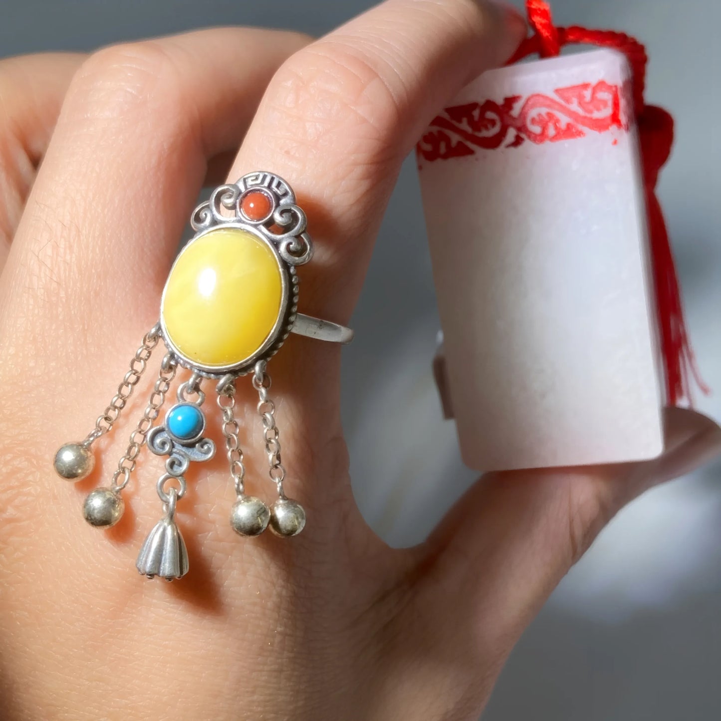 Amber Tassel Ring – S925 Silver Tibetan Vintage Healing Jewelry for Prosperity, Balance & Spiritual Energy