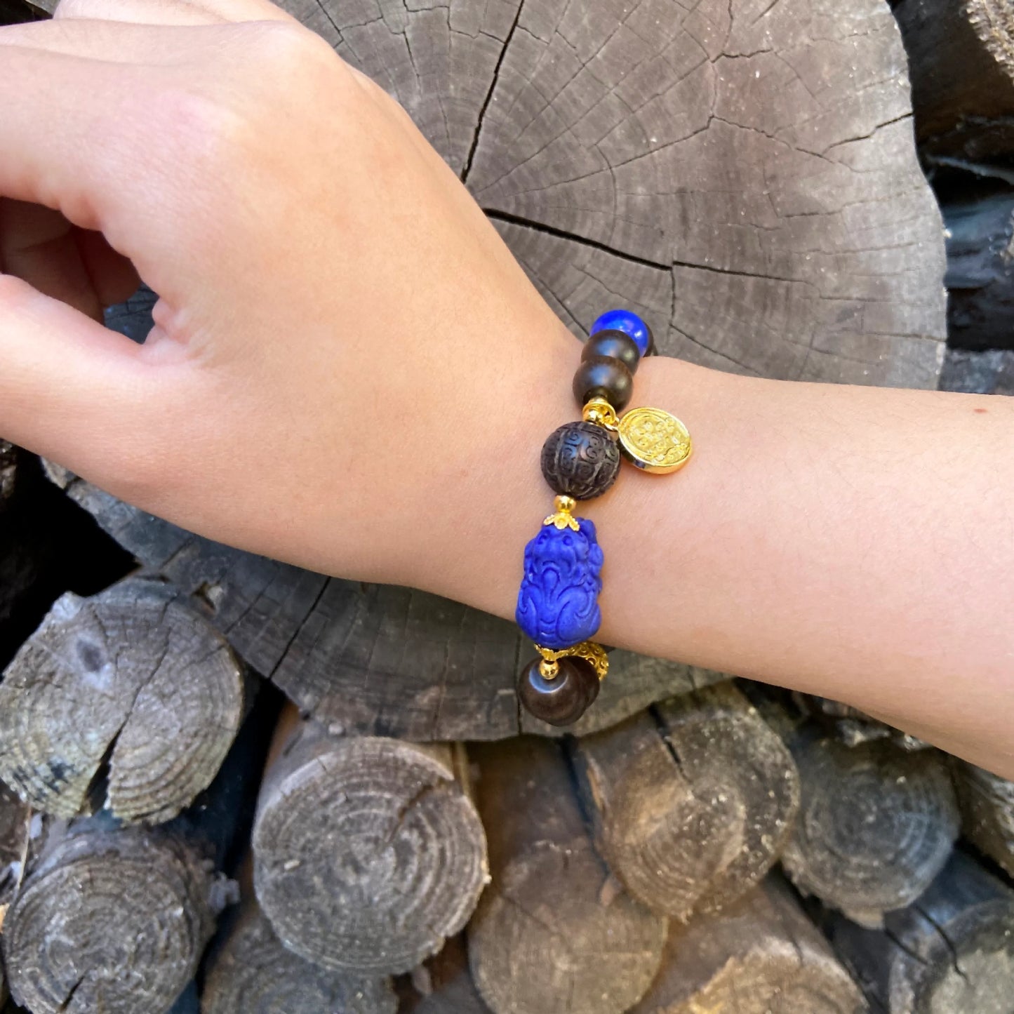 Hand-carved Lapis Lazuli Pixiu Wood Bracelet - Healing Energy, Spiritual Protection & Good Fortune Talisman