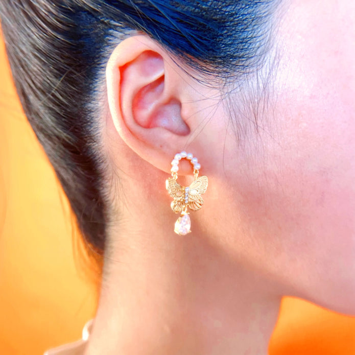 925 Silver Butterfly Earrings with Zircon & Pearl – Gold-Plated Spiritual Jewelry for Transformation, Protection & Luck