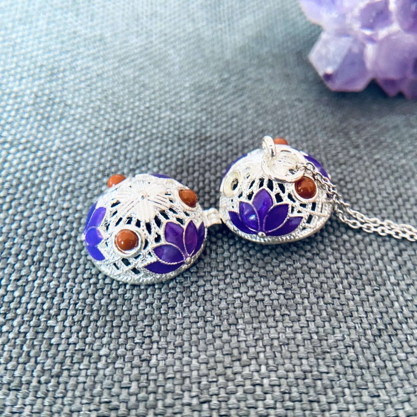 Enamel Aromatherapy Locket Necklace – Copper Energy Amulet with Lotus Blessing