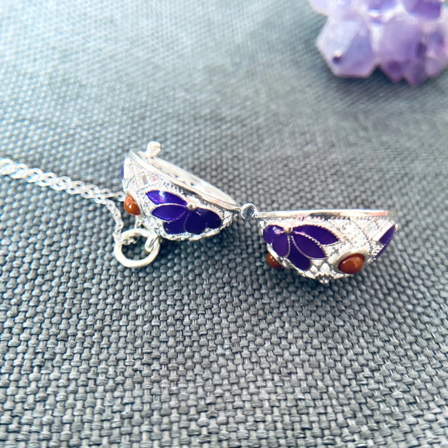 Enamel Aromatherapy Locket Necklace – Copper Energy Amulet with Lotus Blessing