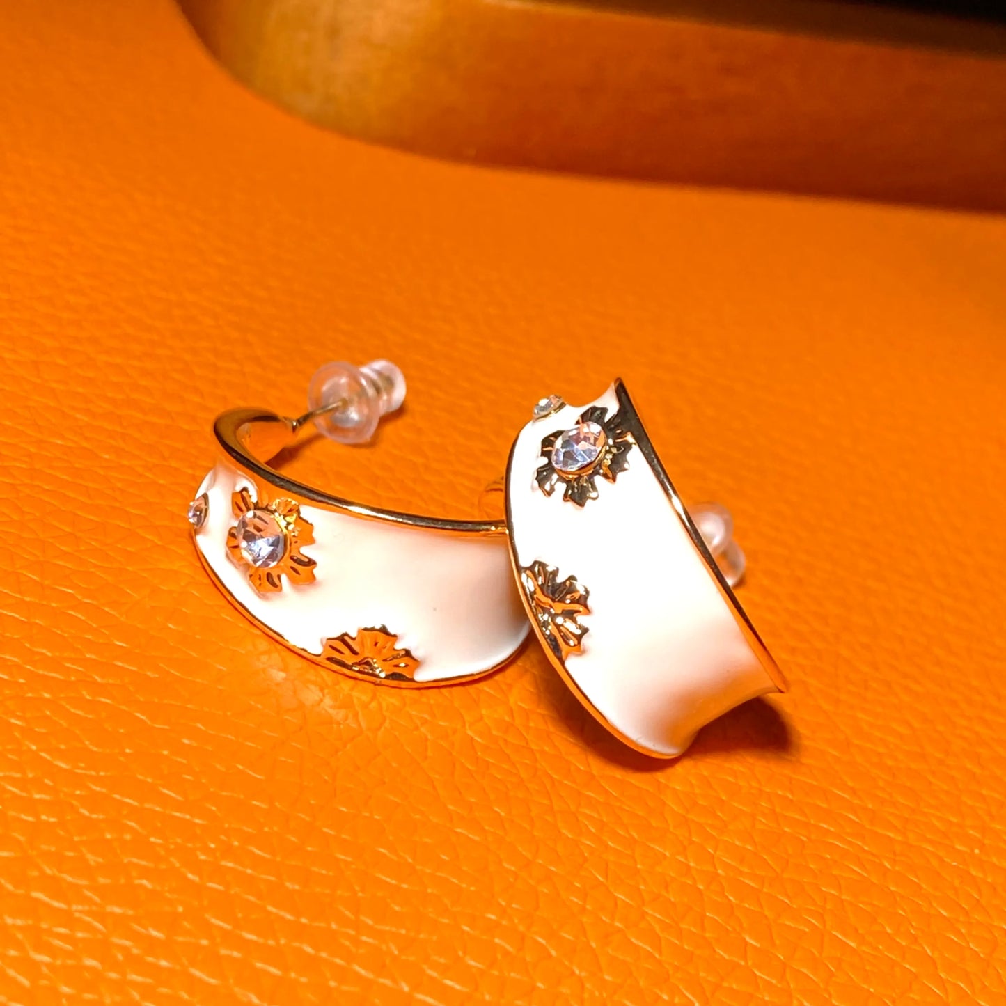 Divine Harmony – White Enamel Gold Hoop Earrings | Spiritual Energy Jewelry for Protection, Purity & Prosperity