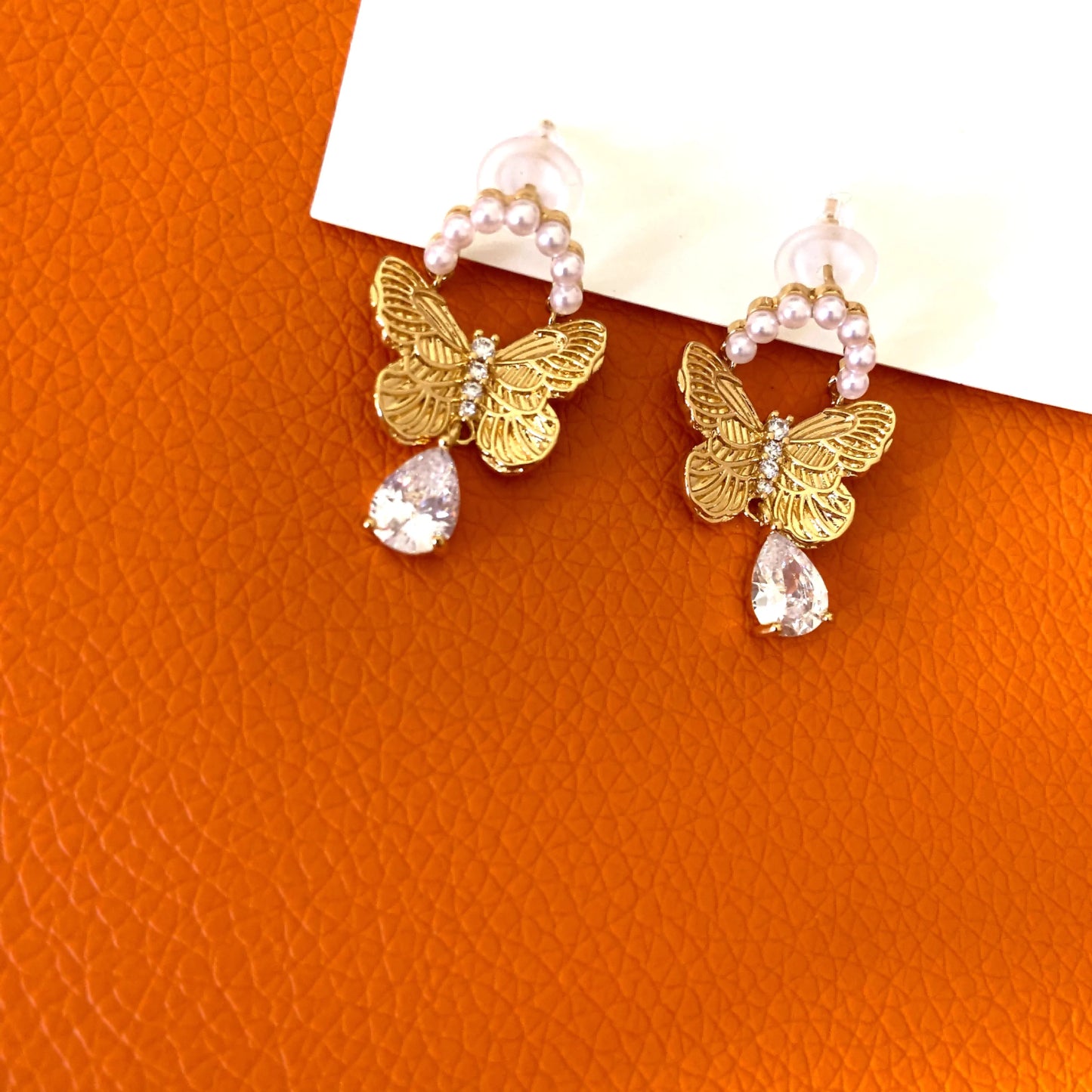 925 Silver Butterfly Earrings with Zircon & Pearl – Gold-Plated Spiritual Jewelry for Transformation, Protection & Luck