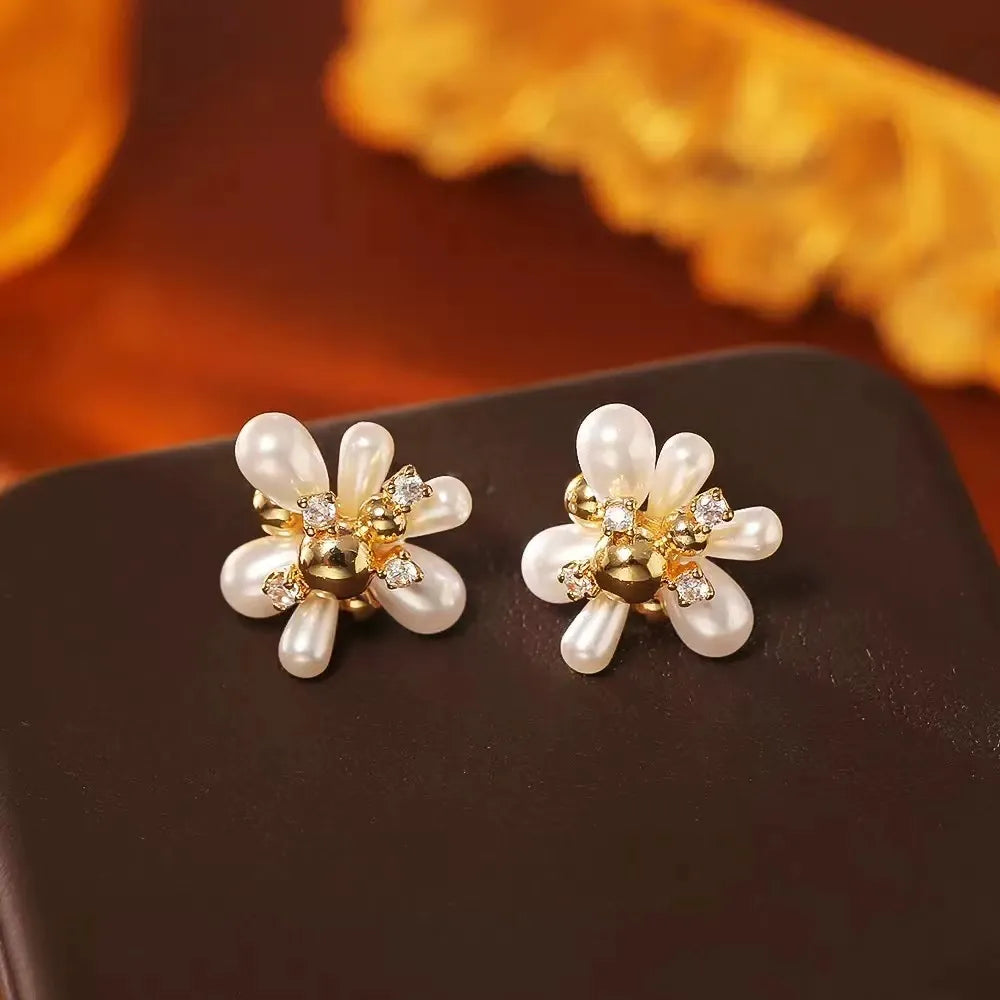 Celestial Pearl Blossom Earrings – Spiritual Energy Jewelry with Zircon Light & Lotus Grace