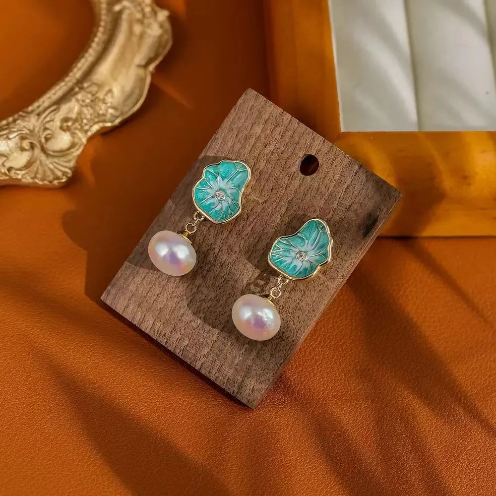 Lotus Leaf & Pearl Harmony Earrings – Chinese Energy Jewelry for Peace and Abundance