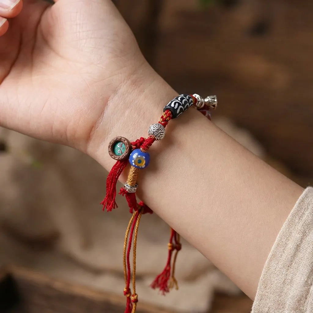 Red Glass Braided Bracelet - Protection